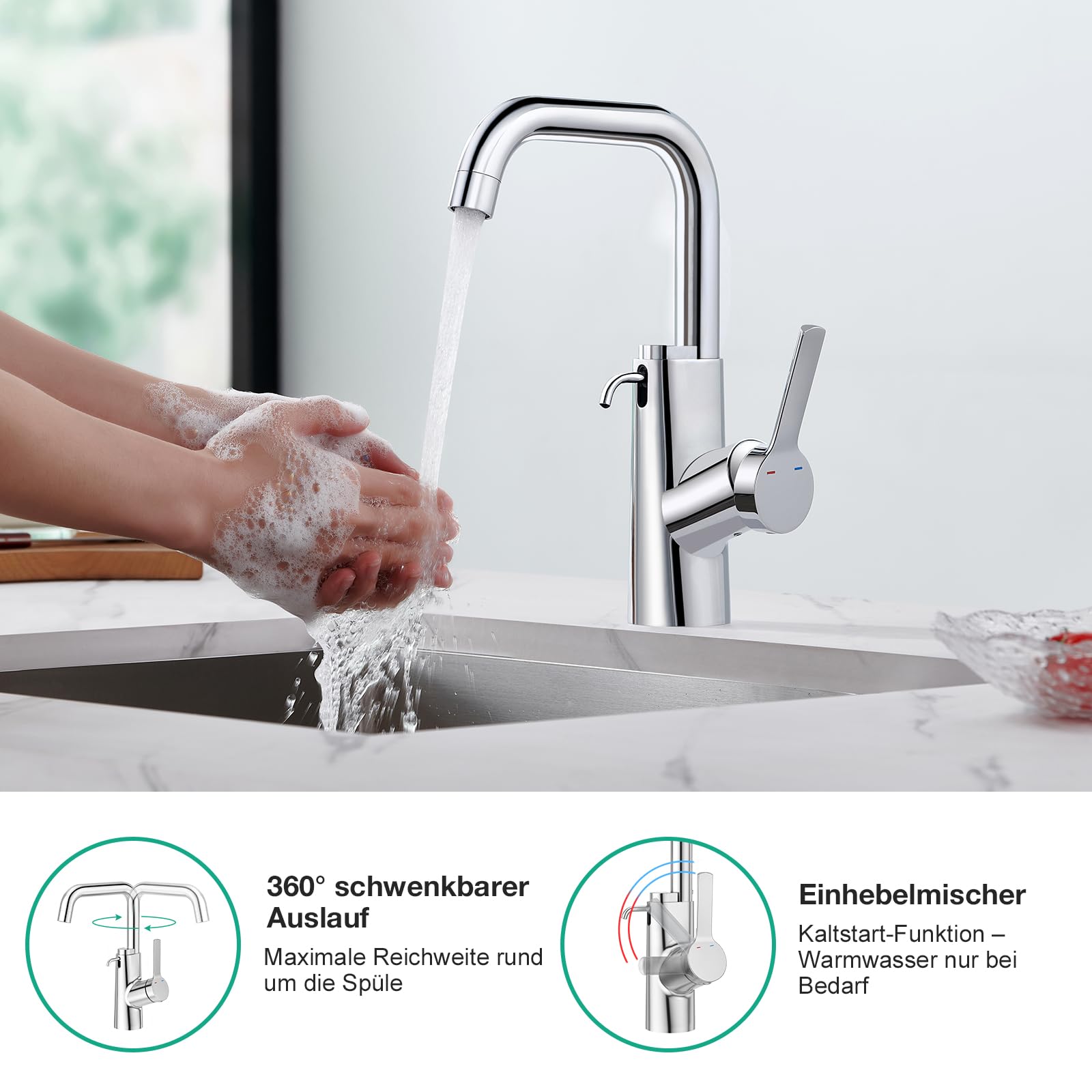 Faustina Waschtischarmatur Bad für Waschbecken mit Seifenspender, Einhebelmischer Waschtisch Armatur Wasserhahn Bad Waschbeckenarmatur Badarmatur, Edstahl polierter Chrom