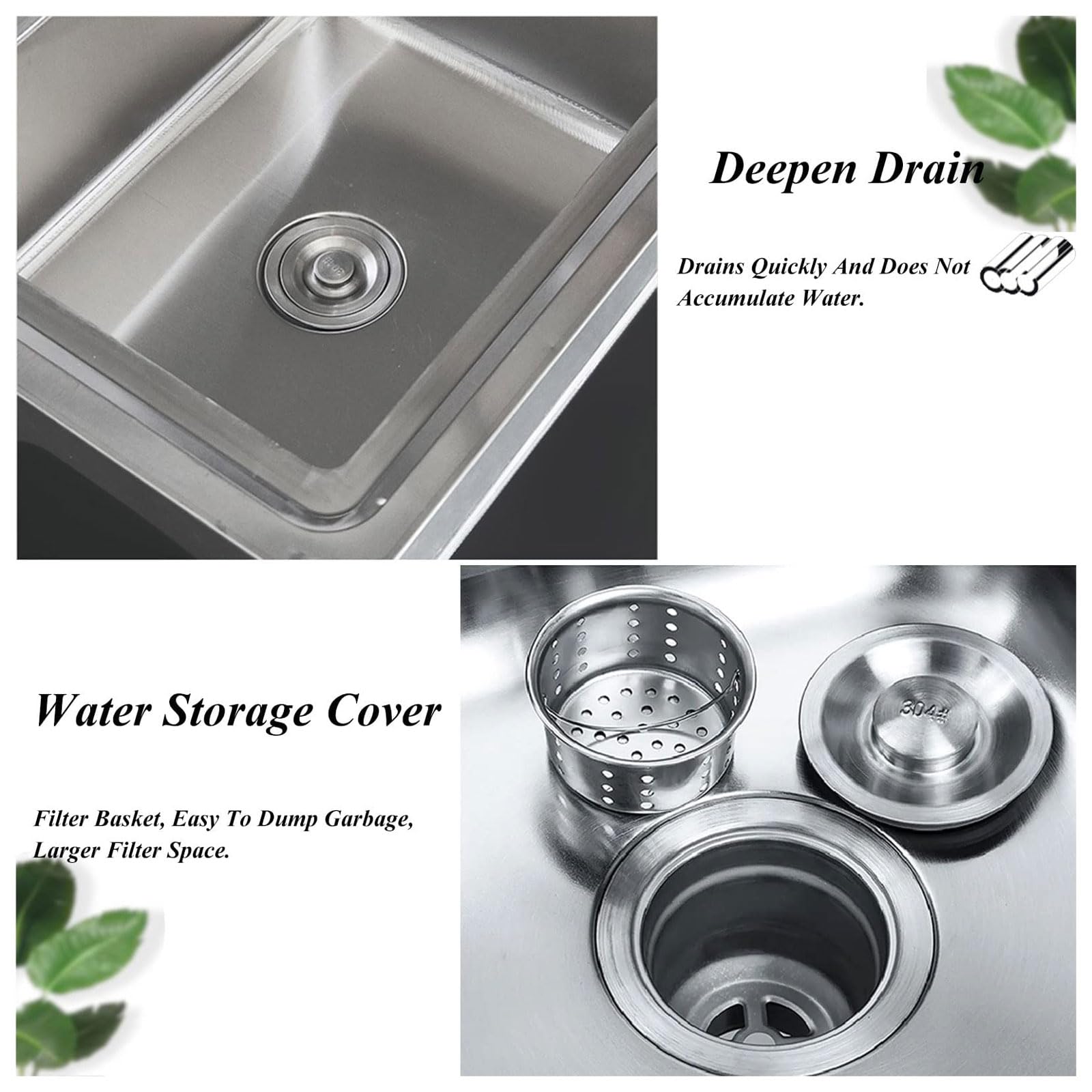 Lavello di Servizio in Acciaio Inox autoportante a Vasca Singola per Uso Commerciale, ristoranti e cucine, con Tubo dell'Acqua Fredda e Vasca per Lavanderia, per Interni ed Esterni