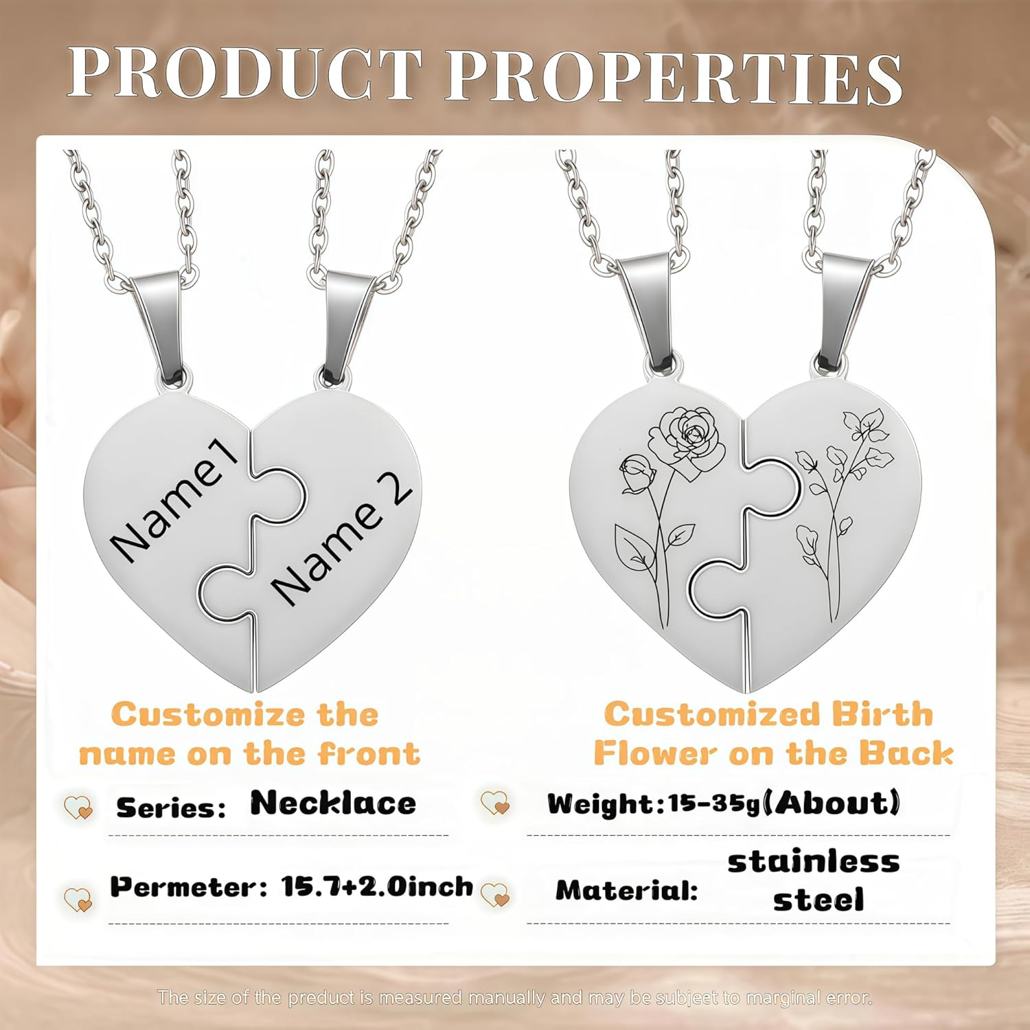 Personalized Name & Birth Flower BFF Necklace for 2/3/4/5, Mom and Daughter Matching Necklace, Custom Family Friendship Couple Necklace Set, Best Friend Name Engrave Heart Puzzle Pendant Necklace - Image 8
