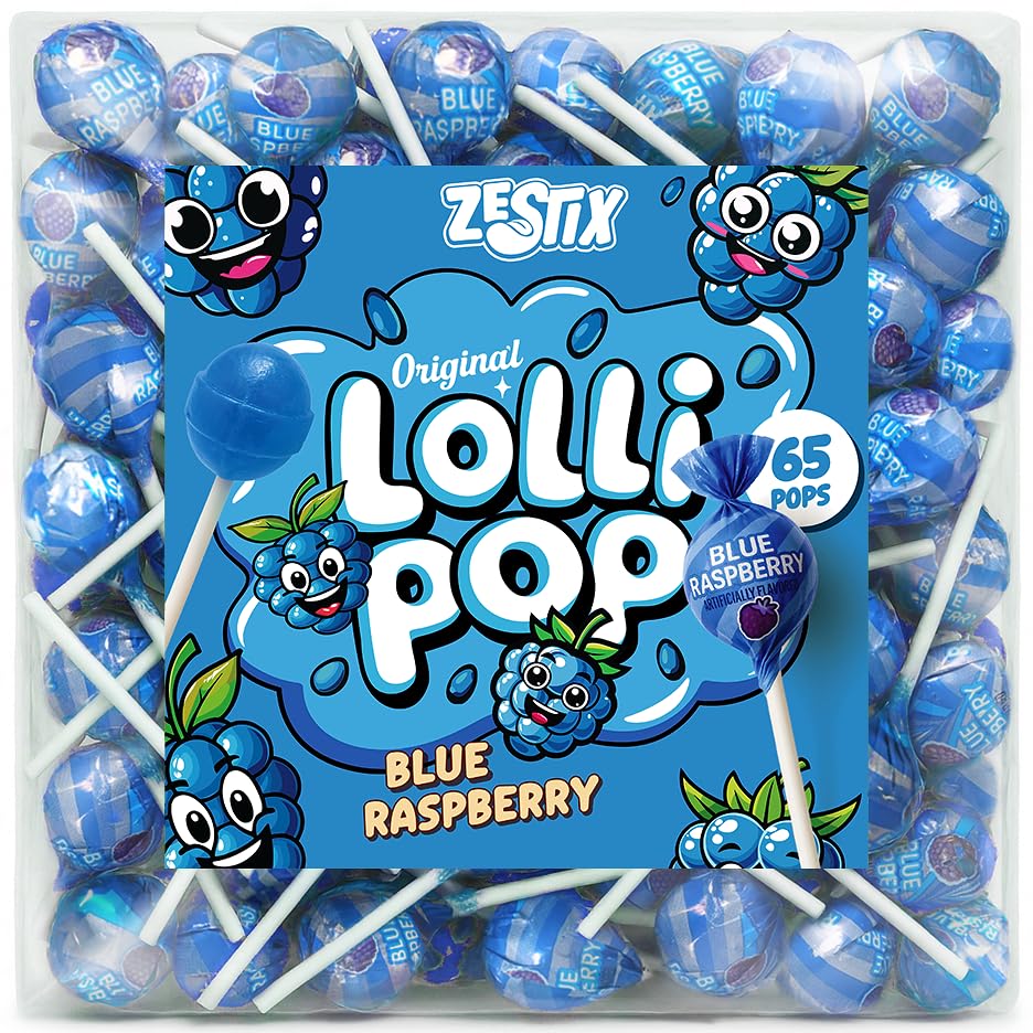 Blue Raspberry Mini Lollipops – 65 Count Bulk Candy Pack, Individually Wrapped Suckers – Fruity Blue Raspberry Flavor – Party Candy, Parade Treats, Back to School, Birthday Favors & Baby Showers