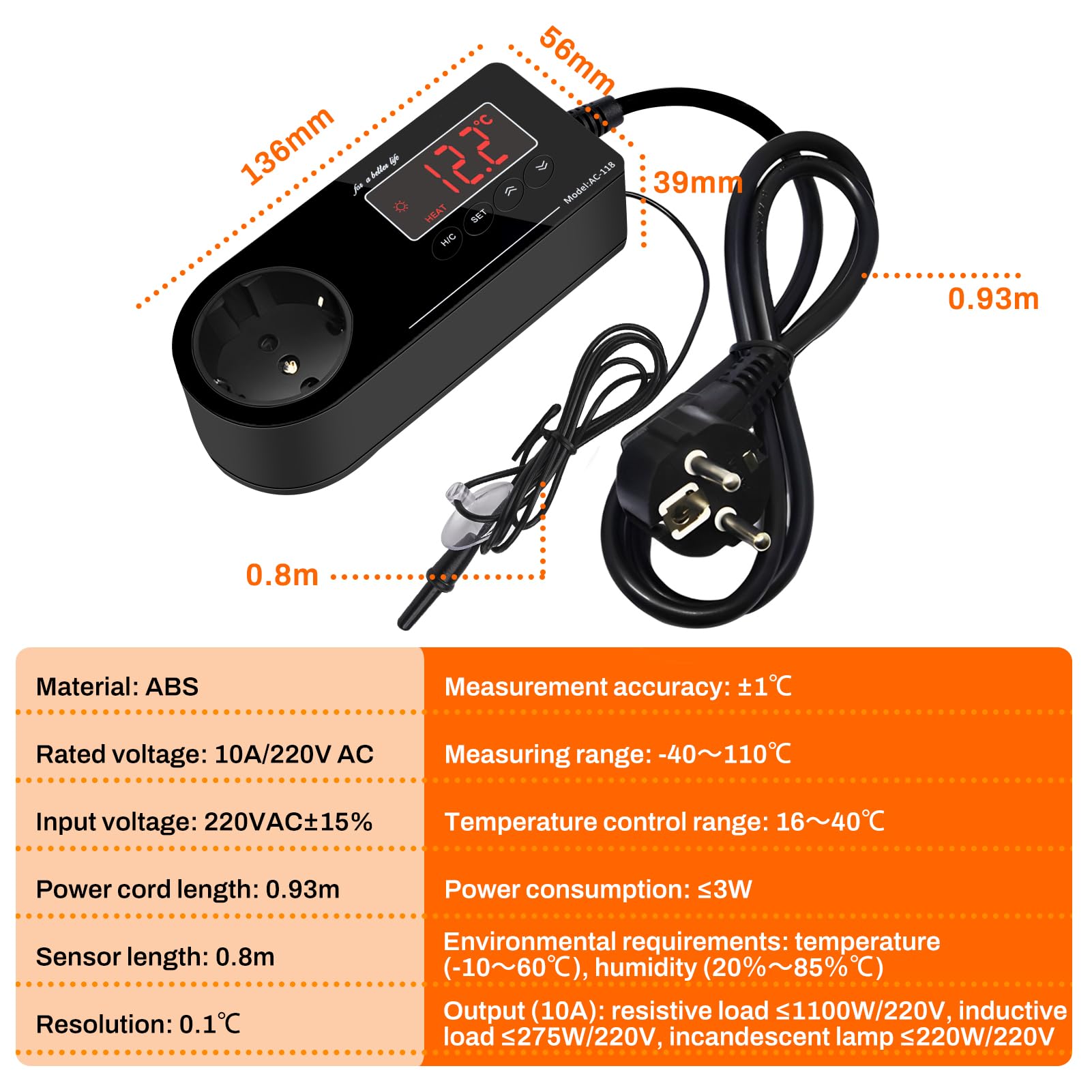 Termostato Enchufe 220V, Termostato Reptiles Terrario de Enchufe con Sensor y Pantalla LCD, Controlador de Temperatura de Enfriamiento de Calefacción para Incubadora Invernadero Reptil Acuario