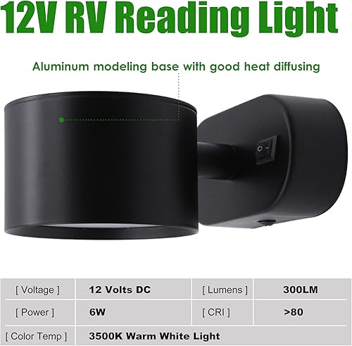 Miniatura 4 de Homdec Luz de lectura LED de 12 V con interruptor, lámpara de pared giratoria de 350, luces interiores de 12 voltios para caravana, caravana,