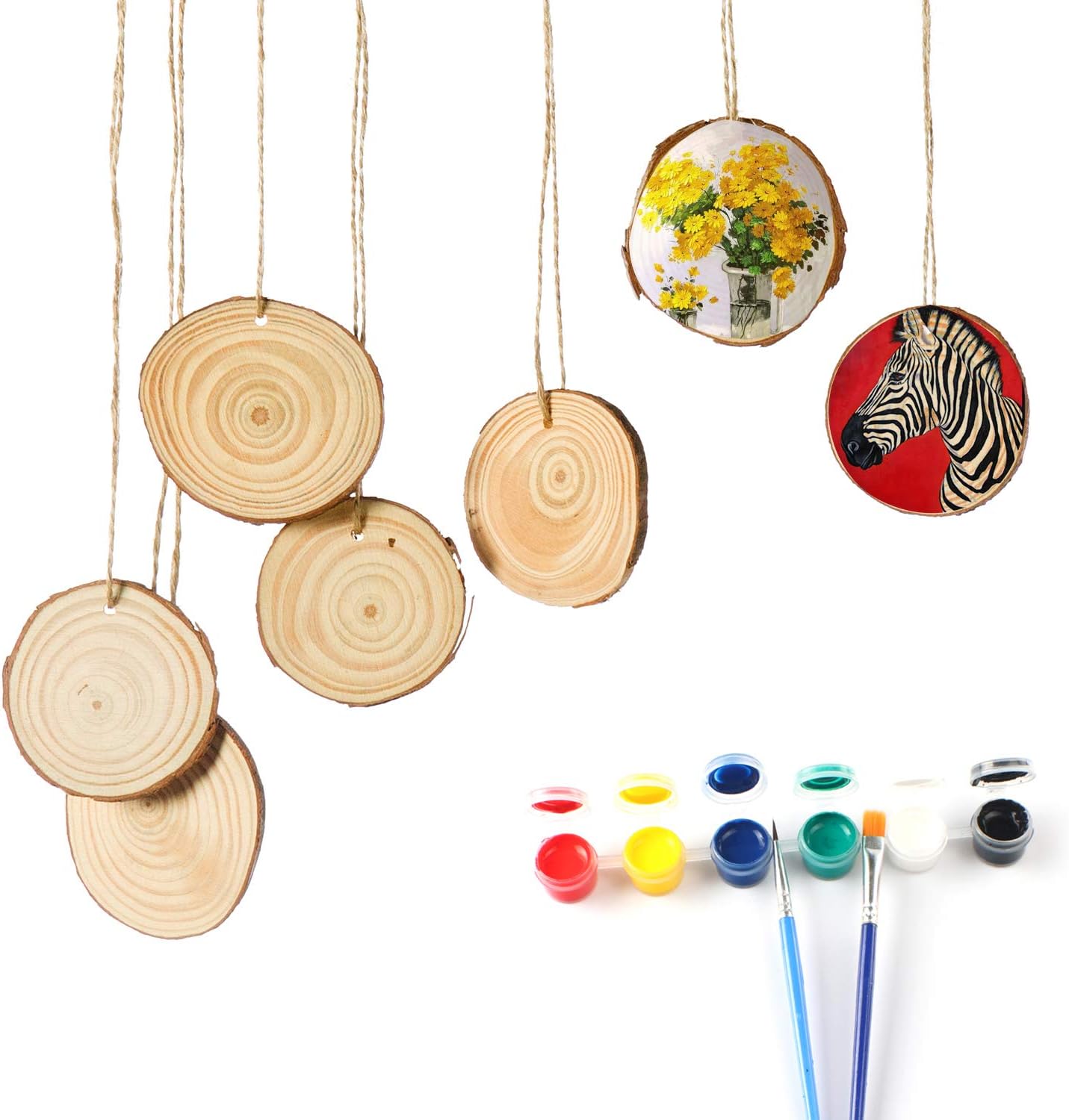 Natural Wood Slices 30 Pcs 2.4"-2.8" Craft Unfinished Wood with Pre-drilled Hole and 20 Feet Twine String for Arts Wood Slices Christmas Ornaments DIY Crafts
