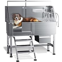 Dog Washing Station for Home,Professional 46" Stainless Steel Dog Bathing Station Height Adjustable Dog Wash Station Dog Grooming Tub Stair, Drawer, Floor Grate & Fauct Left Stair