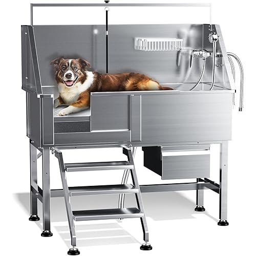Dog Washing Station for Home,Professional 46" Stainless Steel Dog Bathing Station Height Adjustable Dog Wash Station Dog Grooming Tub Ramp, Drawer, Floor Grate & Fauct (Left Stair)