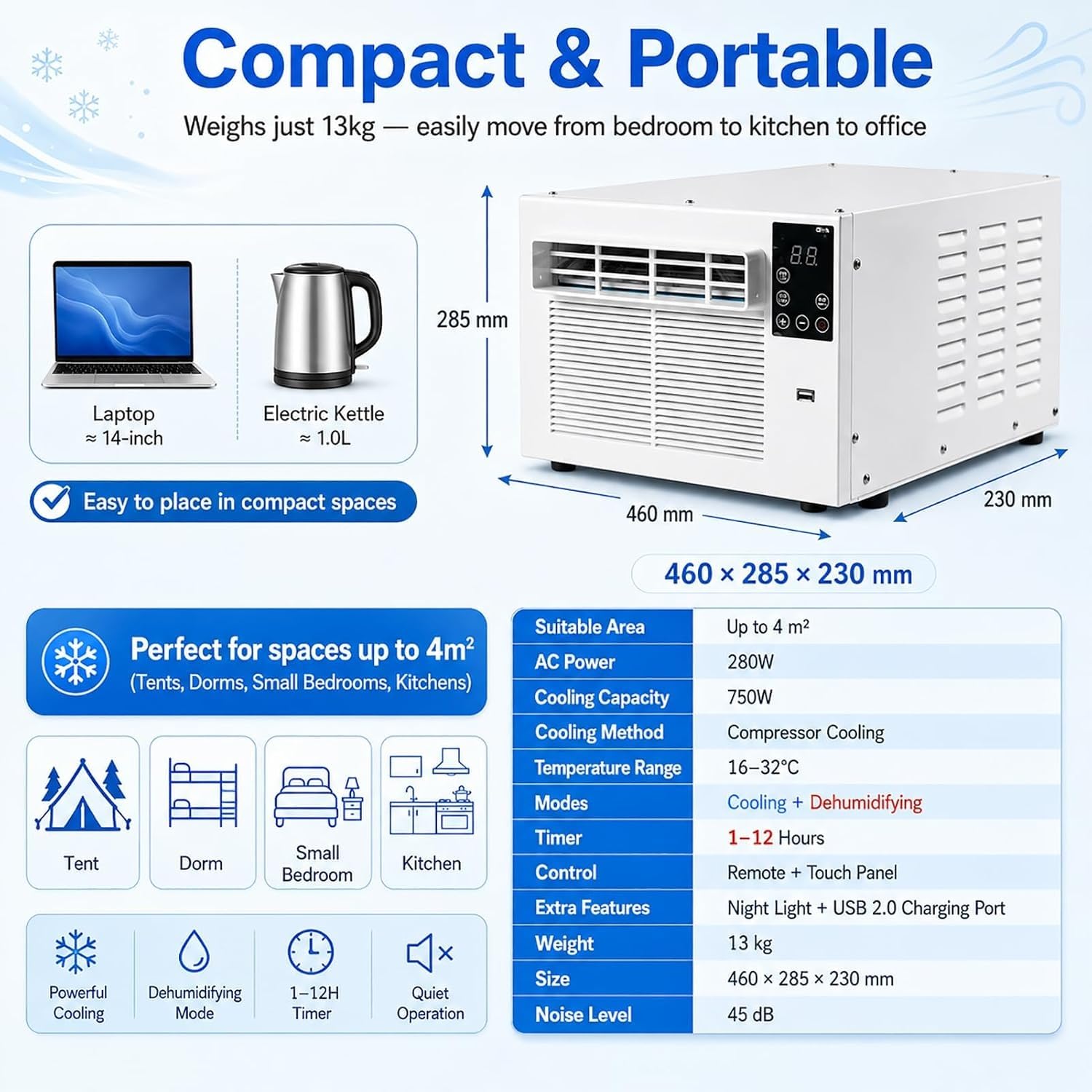 Condizionatore Portatile Da 280 W Con Raffreddamento E Deumidificazione, Timer 1-12 Ore, Telecomando, Funzionamento Silenzioso