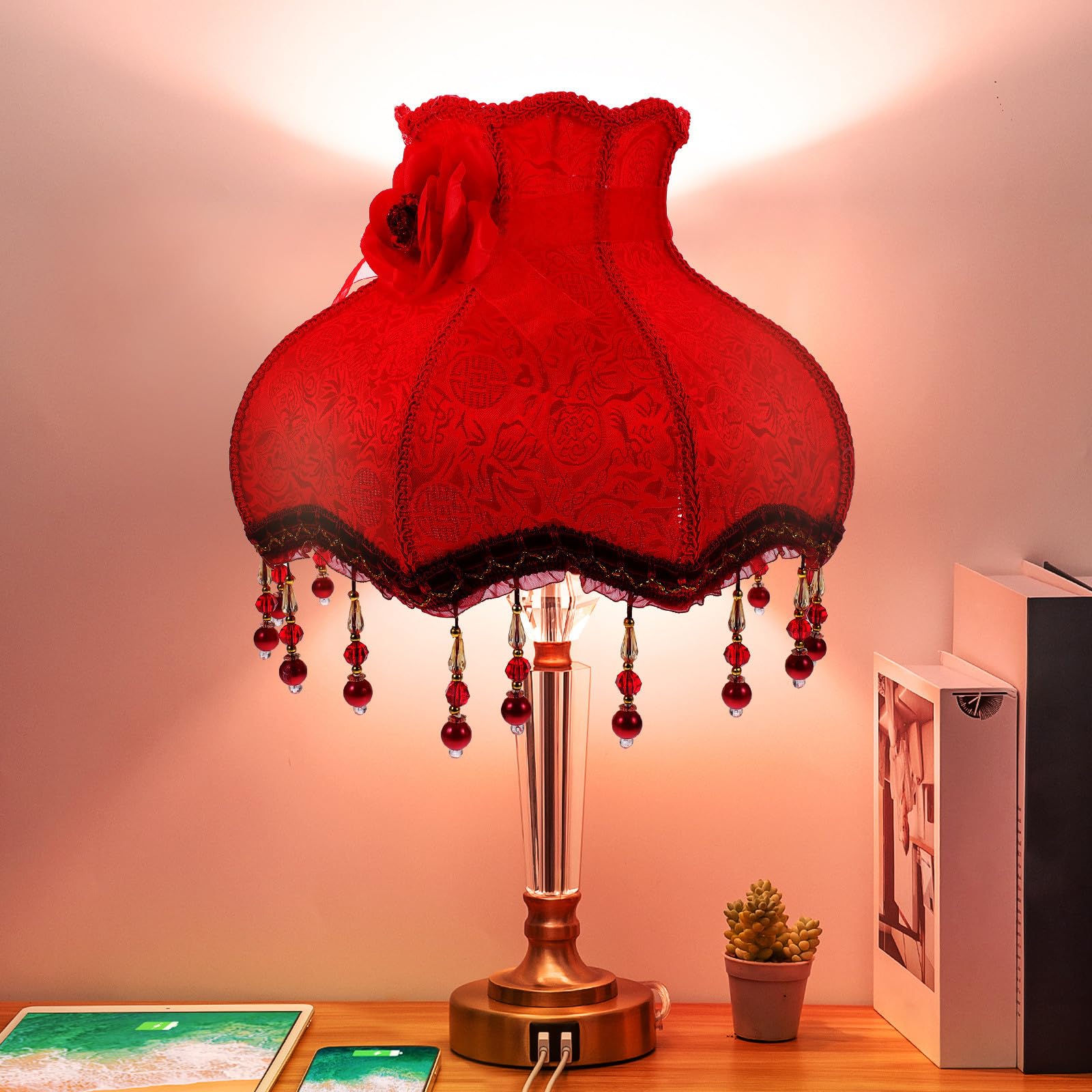 Roter Europäischer Vintage Lampenschirm mit Quasten für Schreibtischlampe