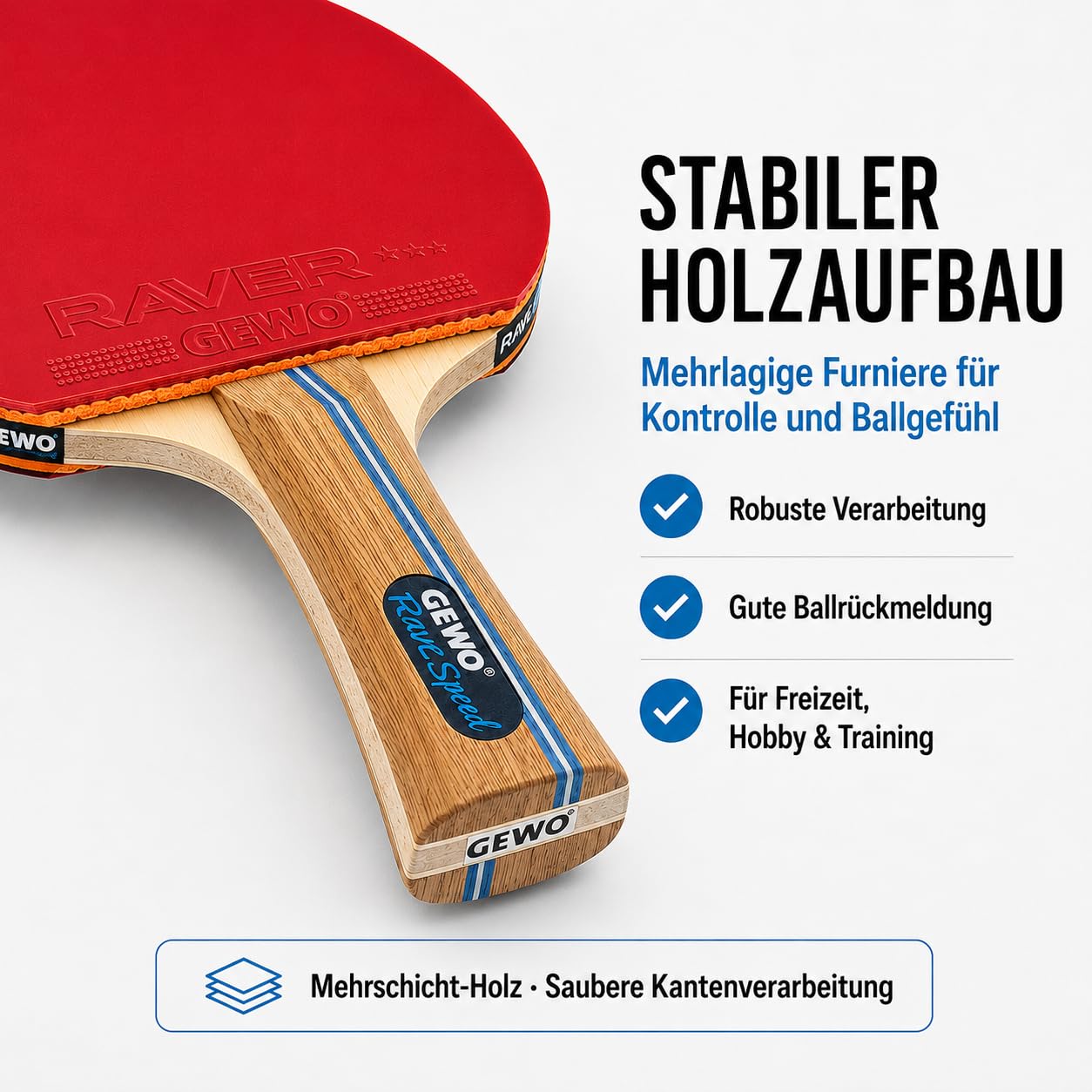 GEWO Rave Speed Tischtennisschläger Set - Kontrollierter Anfänger-Tischtennisschläger mit 3 Bällen - Komplettschläger mit ITTF-Belag, hohe Kontrolle und Geschwindigkeit, konkav, 2mm Dicker Schwamm