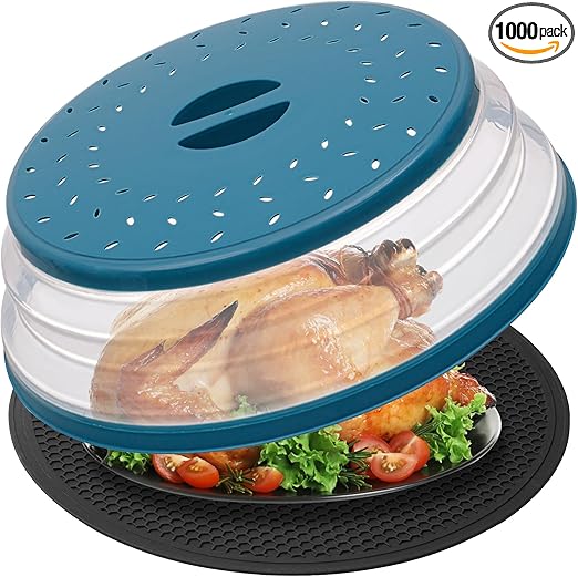 WENWELL Large Microwave Splatter Cover & Silicone Mat,12 Inchs Vented Collapsible Guard dish Plate lid & Round Kitchen mat for food