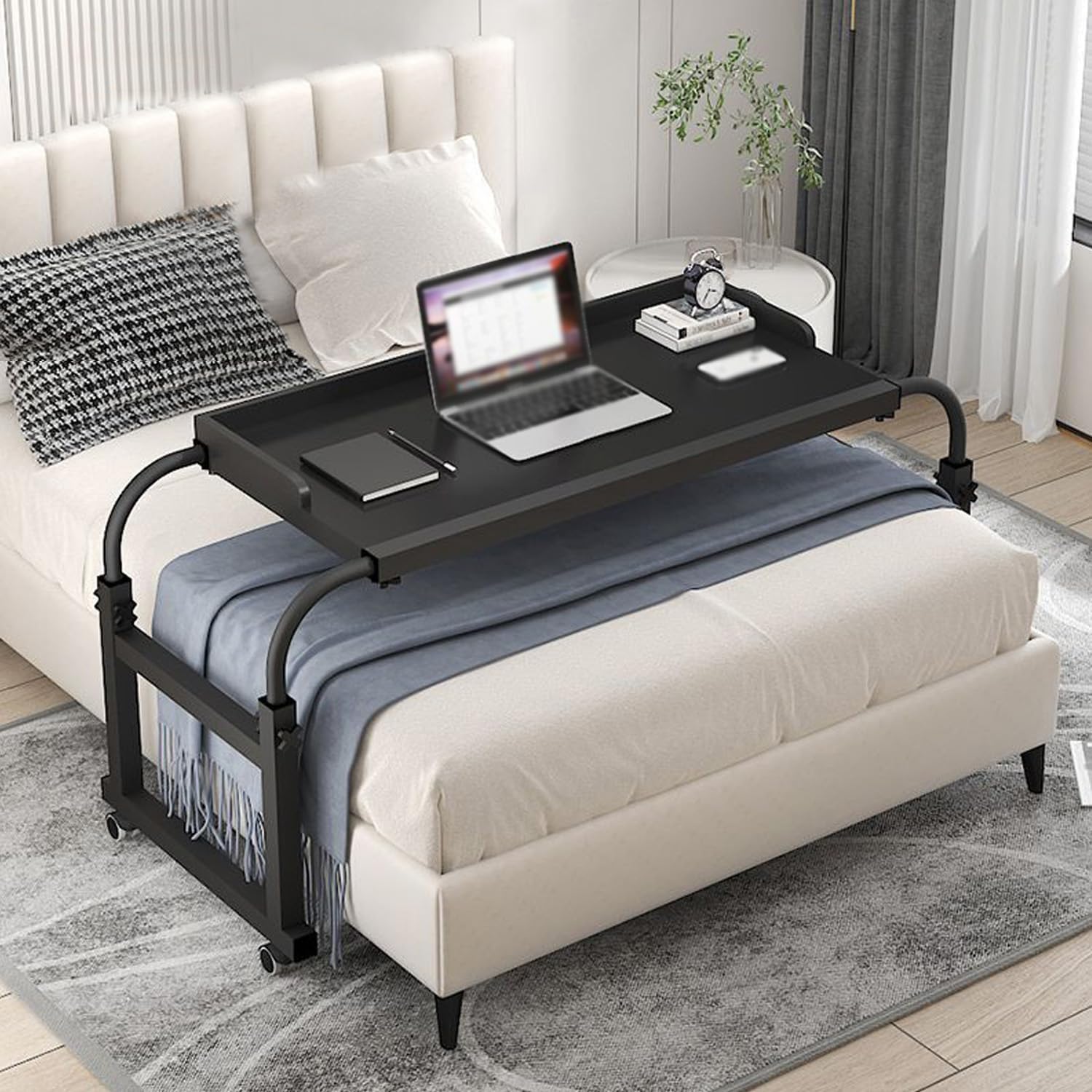 Laptop Bed Table，Over Table with Wheels Over Adjustable Height Divan Desk On Computer Trolley Bag Folding Sofa Stand Tray Tables Overbed for Food(Color:Black+)