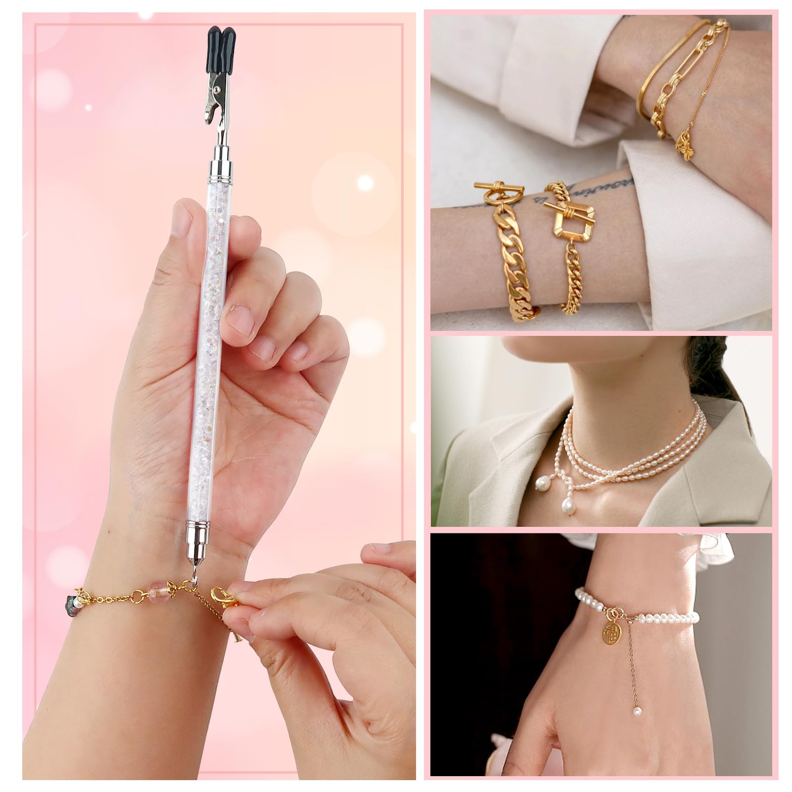 TOAOB Strumento Aiuto Per Indossare Bracciali Rosa 18,3 Cm - Gancio In Metallo Con Morsetto, Accessorio Per Chiusure Gioielli E Orologi - 2