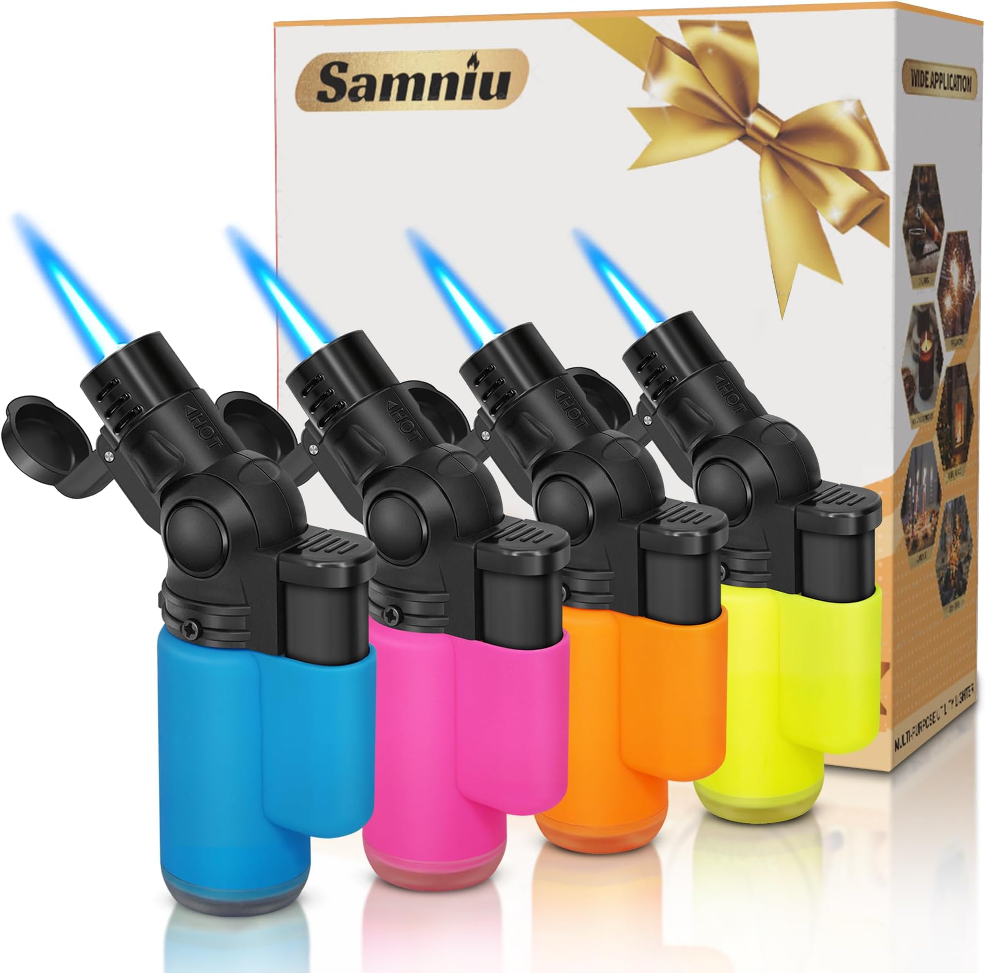 Pack of 4 Torch Lighter, Mini Jet Flame Butane Lighters, Multi-Purpose, 45° Rotateble for Campfires, Candle, Fireplaces, Christmas Party Favors (Gas not Included)