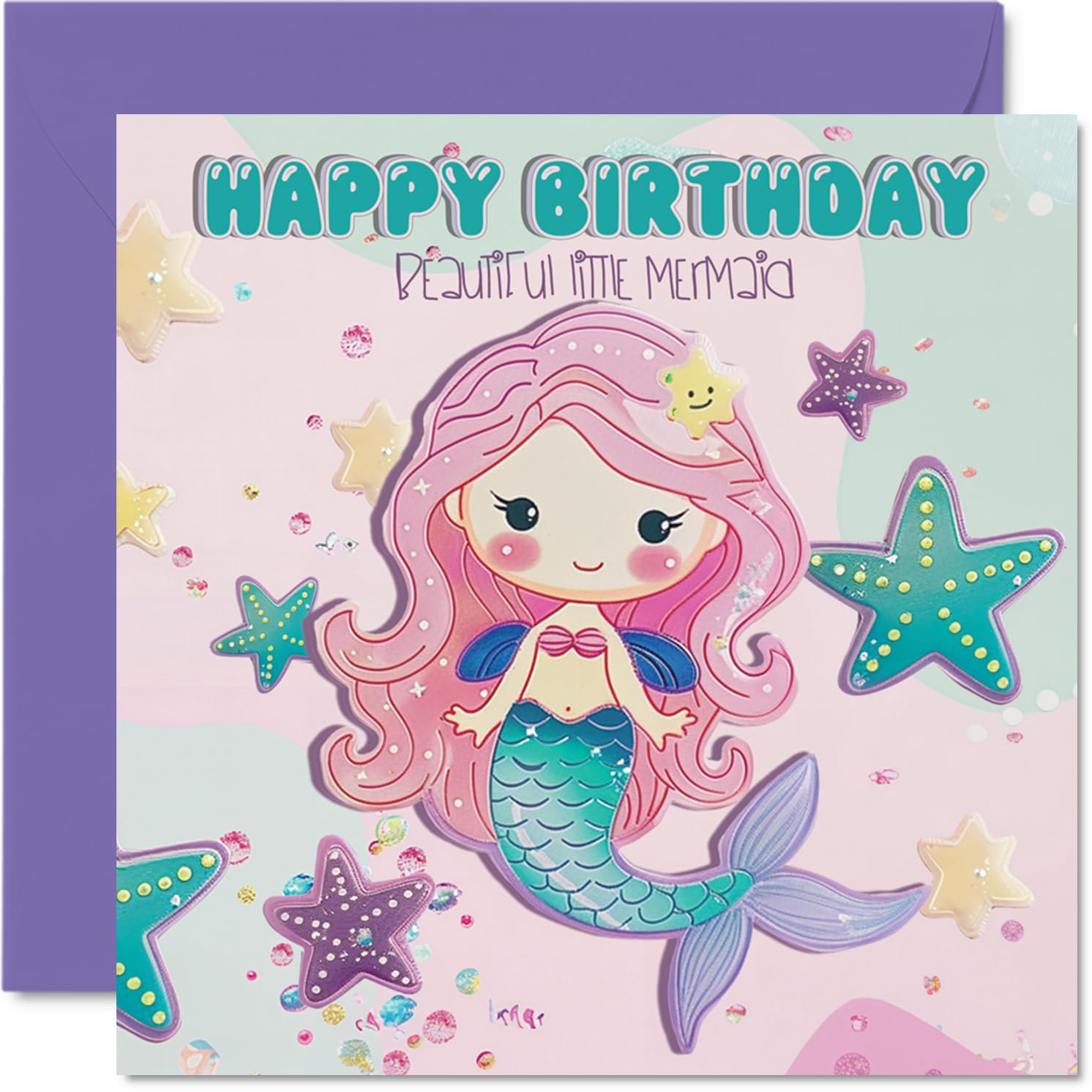 Birthday Card Girl - Beautiful Little Mermaid - Happy Birthday Card for Girl, Kids Children's Cards, 145mm Bday Greeting