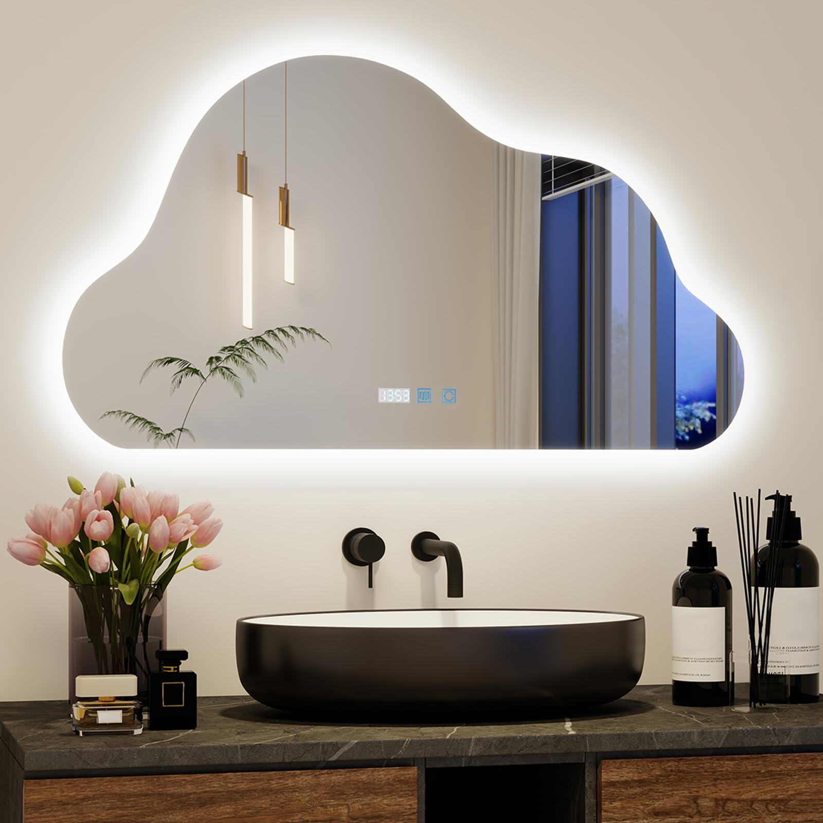 YU YUSING Specchio Bagno con Luce a Forma di Nuvola, Specchio da Parete | Specchio Retroilluminato, 3 Colori Luce regolabile, Antiappannamento, Interruttori Touch, Display Dell'Ora, IP44, 90X50cm