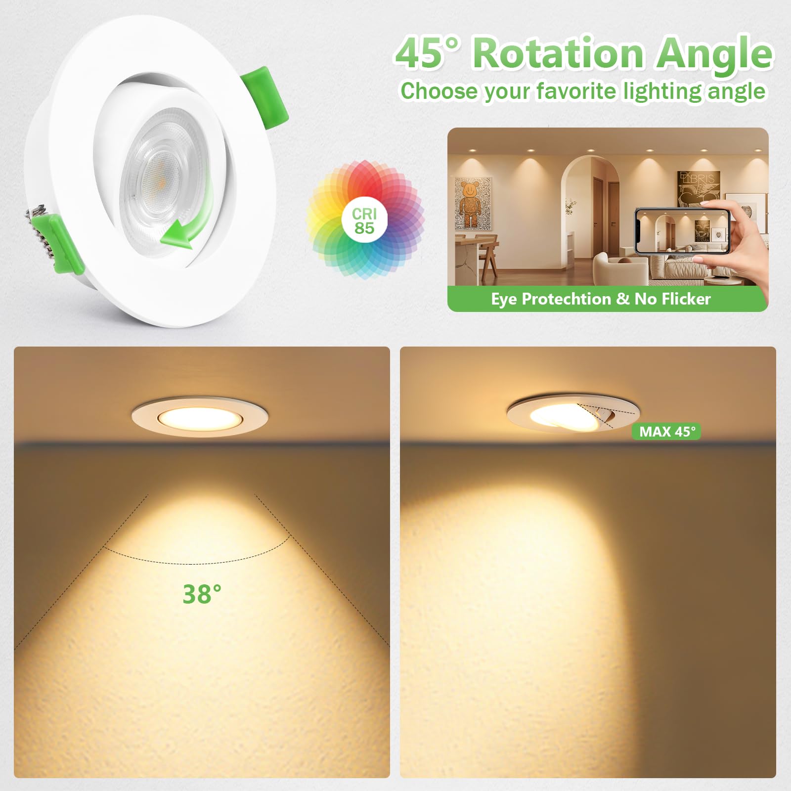 YindaLux 6x Foco empotrable LED 230V 5W 550LM 45° Orientable IP44 Spot de techo 2700K Luz cálida Spot LED Taladro 68mm Luz empotrada Plana GU10 Spots empotrable para Baño Salón Blanco, No regulable