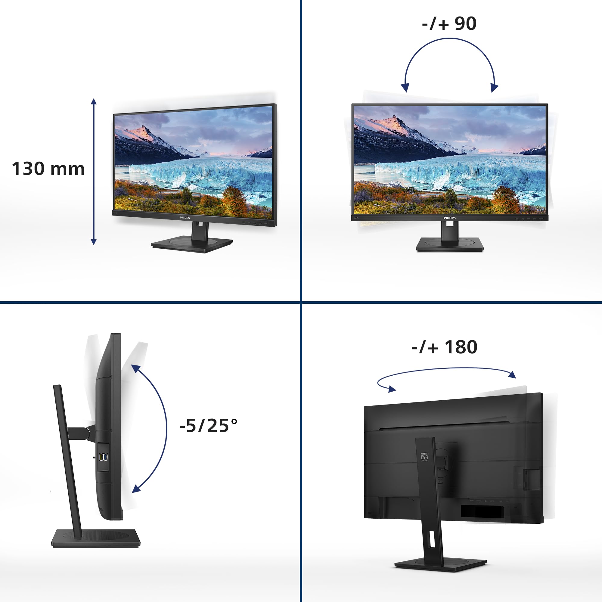 Philips 273S1 27-calowy monitor domowy, FHD, stacja dokująca USB-C 65 W PD, IPS, TUV Eye, regulacja wysokości, głośnik, bez migotania (1920 x 1080, 300 cd/m², HDMI 1.4/DP 1.2/USB-C, RJ45)