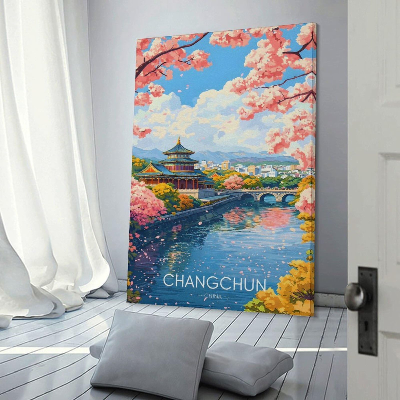 Junmoney Frame-Style-21-1 Canvas Wall Picture Changchun Cherry Blossoms, 20X30inch(50X75cm), For Bedroom, Lounge Or Dressing Area, Stylish Decor For A Restful Room Update