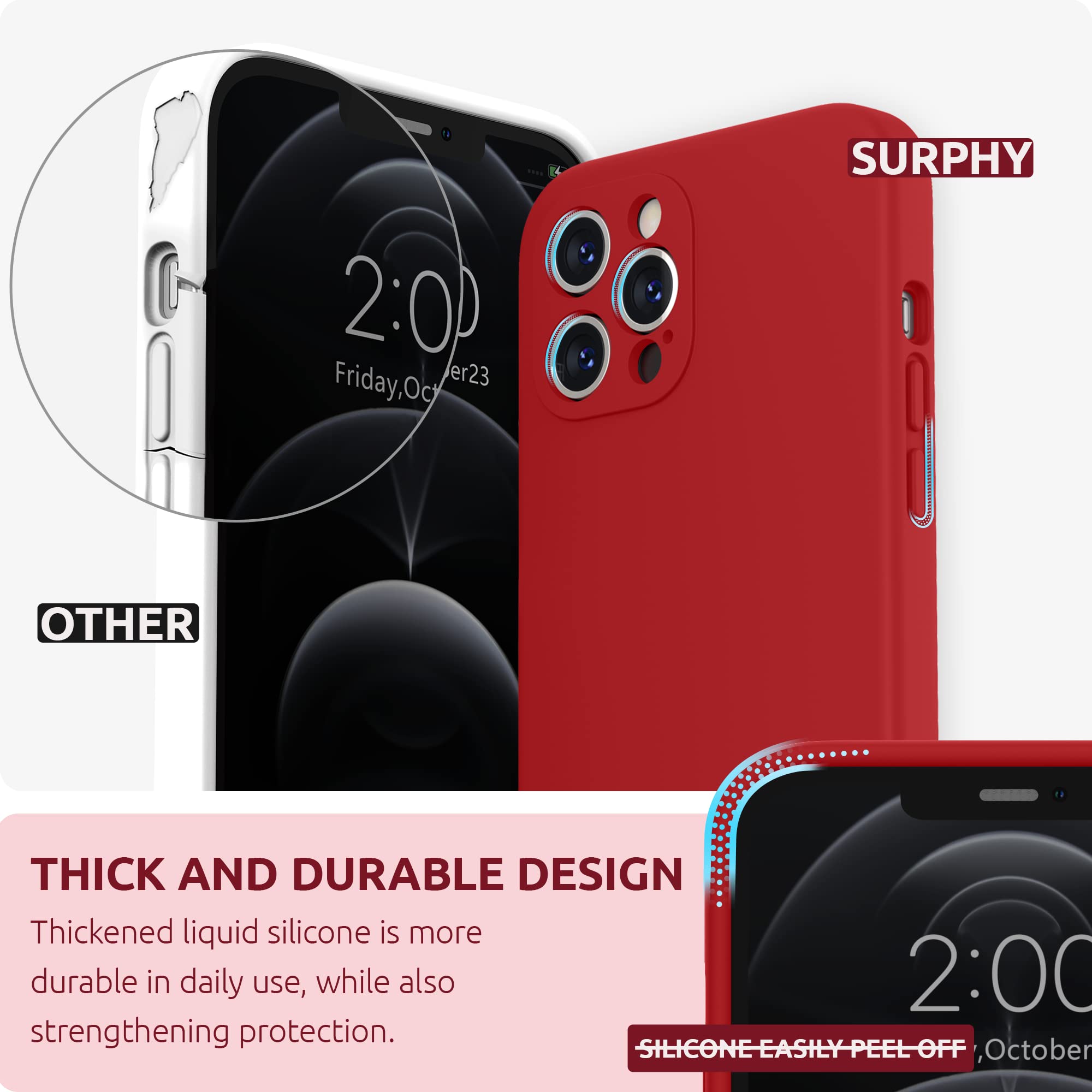 SURPHY Silikon Hülle Für IPhone 12 Pro Max 6,7 Zoll – Mit Kamera-Schutz, Weiches Flüssigsilikon, Mikrofaser-Innenfutter, Rot