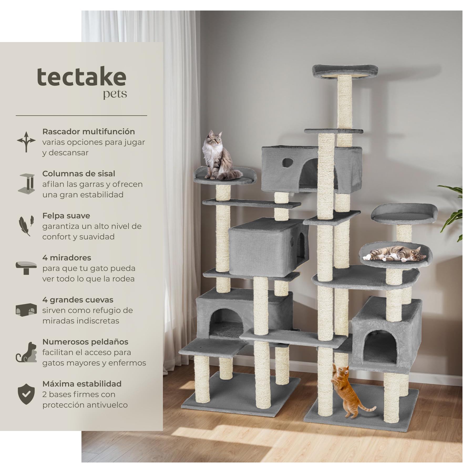 tectake® Arbol Rascador para Gatos, Torre Multinivel con 4 Plataformas, 4 Casitas, 2 Placas de Suelo, Columnas de Sisal, Rascador Gato, Protección Antivuelco, Juguetes para Gatos - Gris