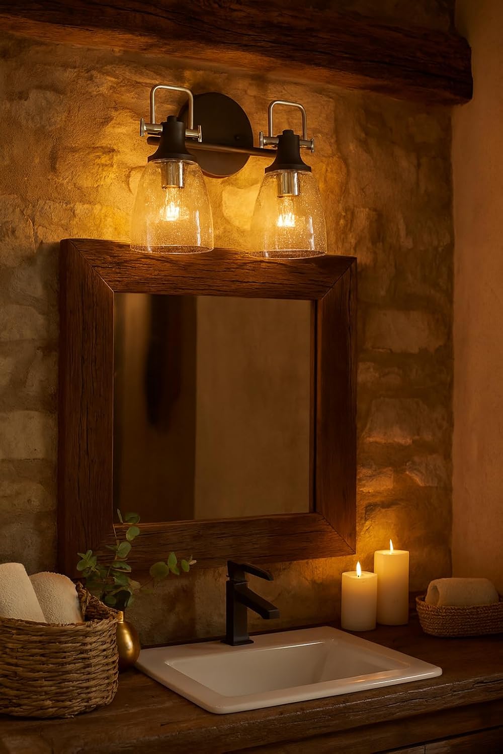 Hinkley Easton Two Light Bath Vanity Fixture, Modern Industrial, Clear Seedy Glass Shade, Mounts Up or Down, Black and Chrome