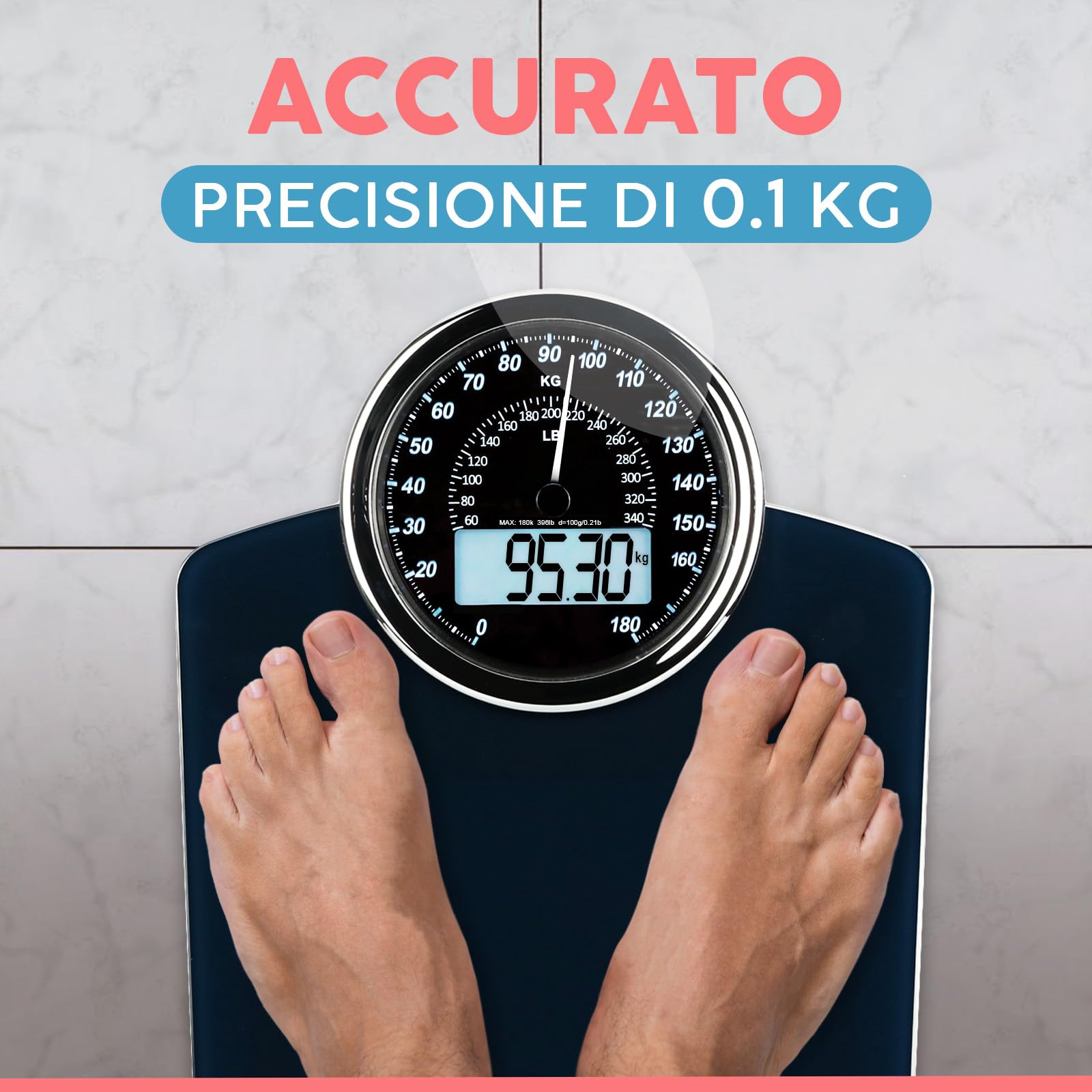 Bilancia Pesapersone Analogica e Digitale Ibrida Adamson 2 in 1 per Peso Corporeo fino a 180 kg - Vetro Spesso - Large Display - Bilancia Digitale di Facile - Blu con Retroilluminazione Nera