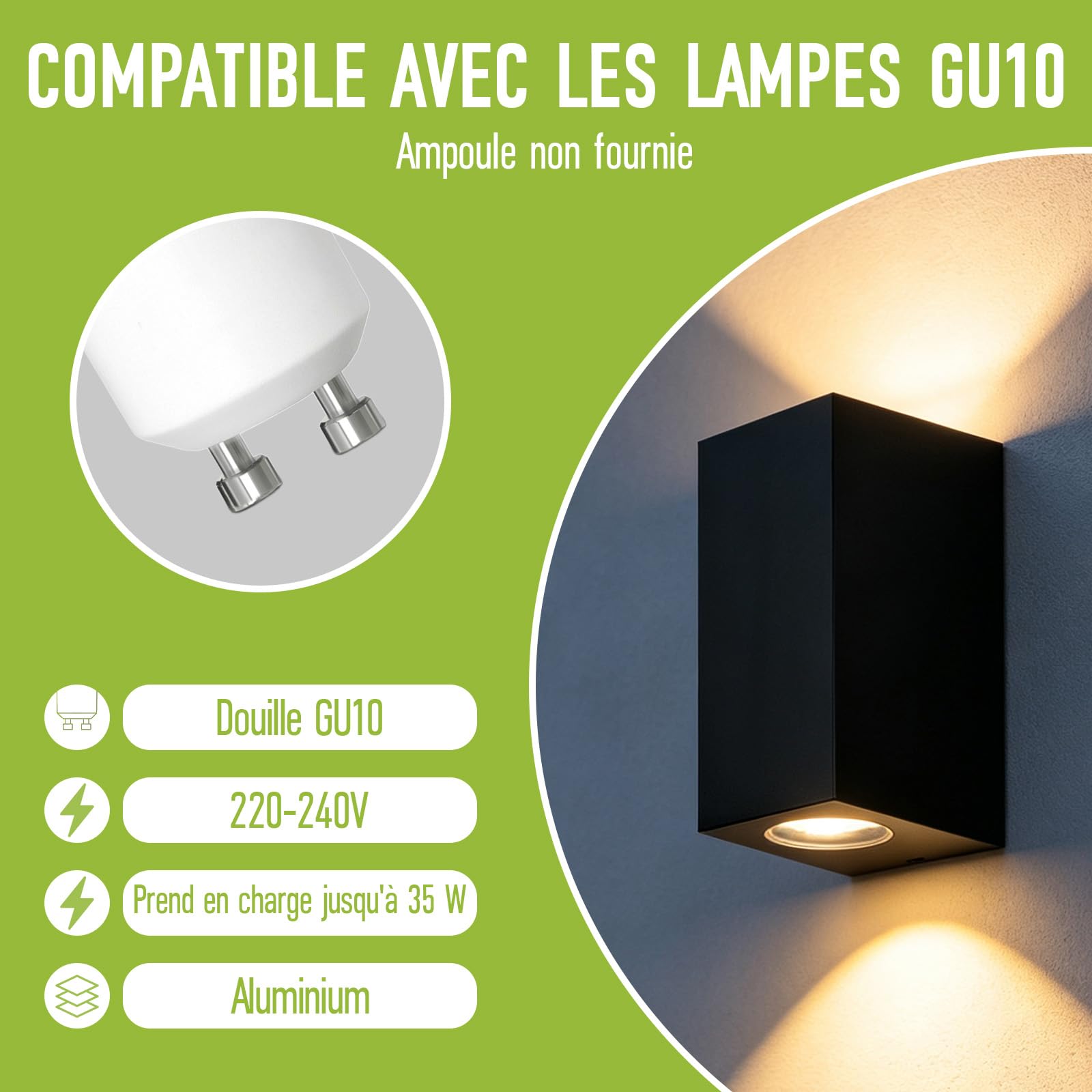 2 Pièces Applique Murale Extérieur Intérieur Up Down Douille GU10 Étanche IP54 Applique Murale LED Moderne pour Salon Et Jardin 70mm x 90mm x 150mm Noir