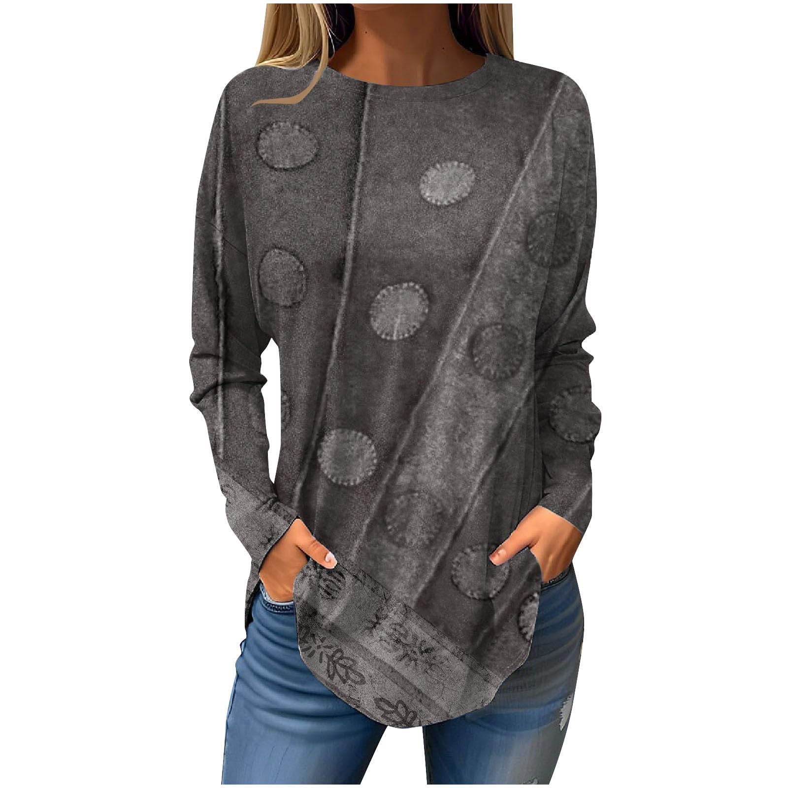 Womens Tunic Tops Shirts Dressy Casual Fall Long Sleeve Pullover Cute Floral Print Lose Fit Blouses Crew Neck T-Shirt