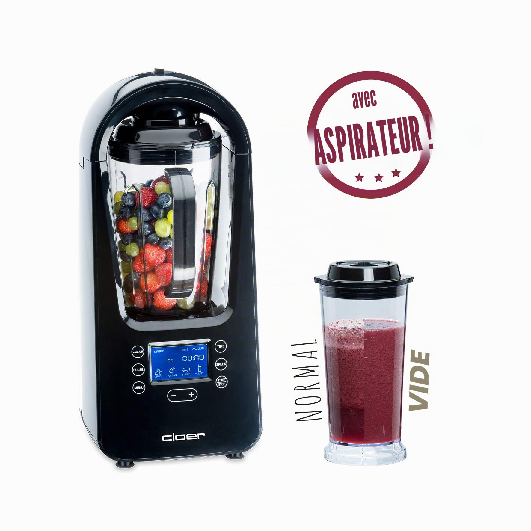 Cloer 6980 Blender sous vide, 1500 ml, récipient de stockage, programmes automatiques, fonction broyage de glace, fonction de nettoyage, 800 W, noir