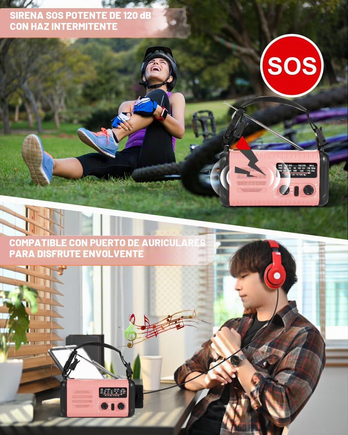 Radio Kurbel de 20000 mAh, radio de notificación solar portátil con amplificador AM/FM, alarma SOS, lámpara de luz LED y lámpara de bolsillo, notificación de caída (Rosa)