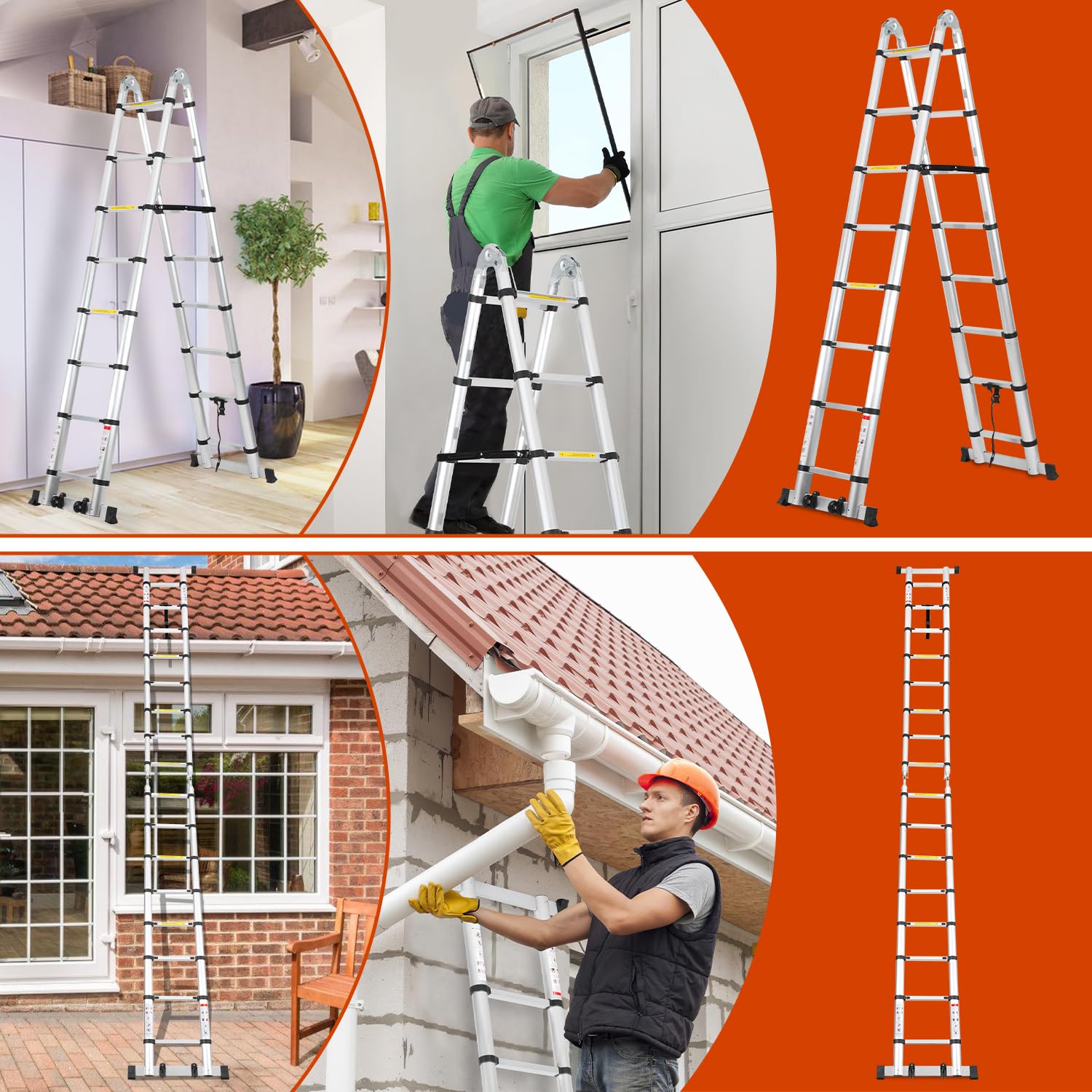 Lospitch 5M(2.5+2.5) M Aluminium Teleskopleiter klappbar Ausziehleiter mit Stabilisator Hochwertigem Klappleiter und Faltbaren Aluminiumleiter 150kg Belastbarkeit