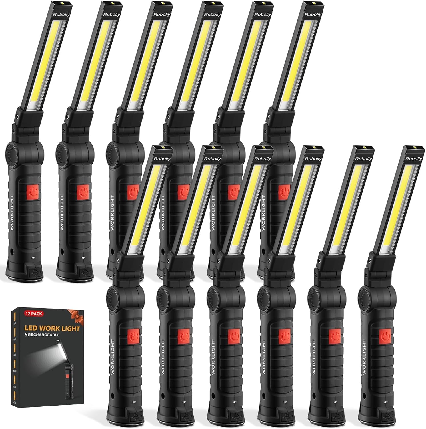 Magnetic Work Light 12Pack, Rechargeable LED Work Light with 360° Rotation, 5 Mode Mechanic Light, Compact Rechargeable Flashlight with Hook for Car Repairing, Emergency, Fathers Day Dad Gifts