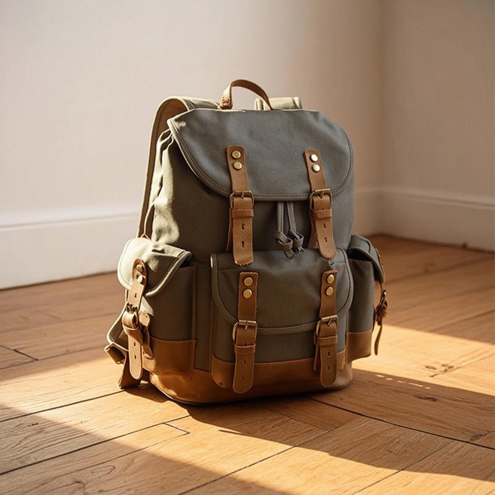 Zaino in Tela Casual Zaino con Tasche Laterali Robusto Zainetto per Pendolari, Cachi