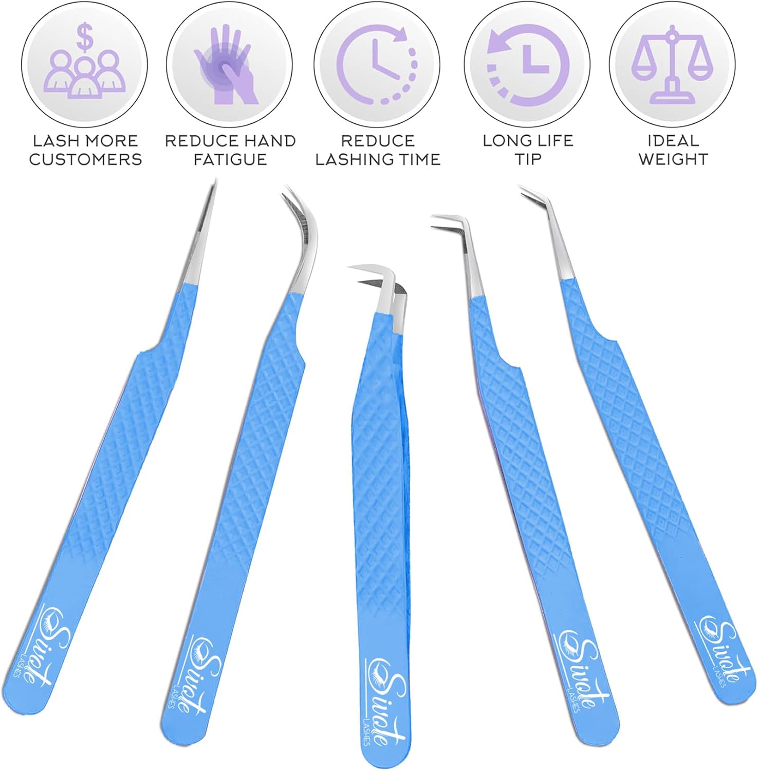 Lash Tweezers for Eyelash Extensions, Pack of 5, Blue, Diamond Grip