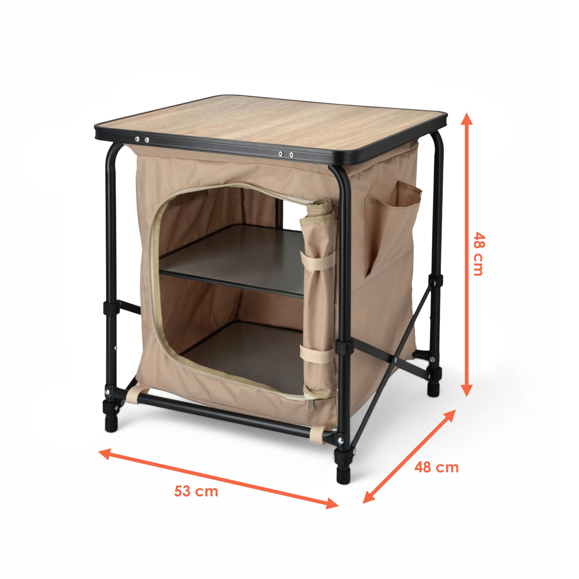 Armario de camping 2 en 1 de tela, plegable, con bolsa de transporte, 53 x 48 cm, mesa de camping con tablero en aspecto de madera, armario plegable para jardín, armario multiusos