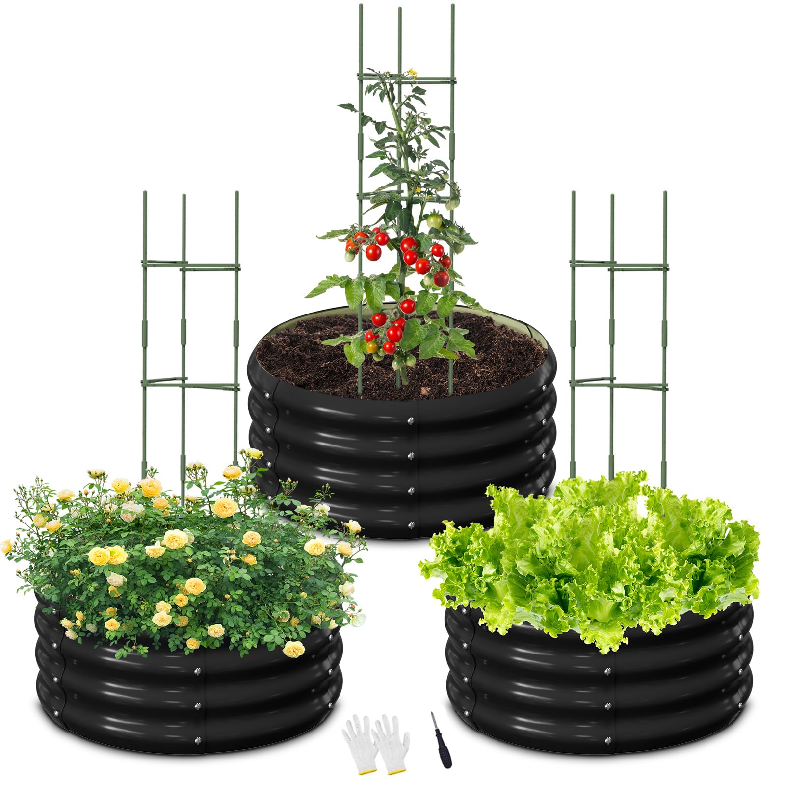 UrGROWA 3 Pcs 2x2x1ft Round Galvanized Raised Garden Bed Kit with Tomato Cages, Metal Planter Box Outdoor Raised Garden Beds for Gardening Vegetables Flowers, Black