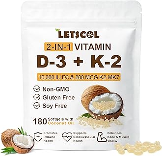 2-in-1 Vitamin D3 K2 Supplement Softgel, Vitamin D3 10000 IU and Vitamin K2 200 mcg, K2 MK7 with D3 Vitamin Supplement Support Immune, Heart, Joint, Teeth & Bone Health
