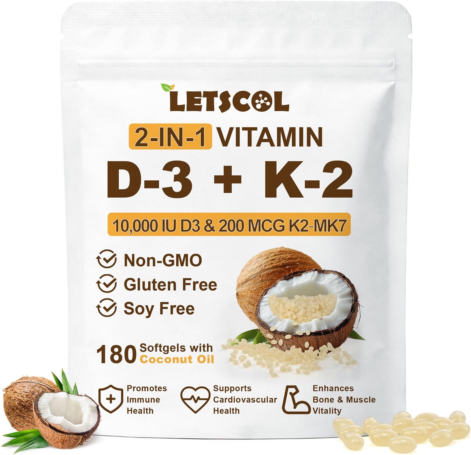 2-in-1 Vitamin D3 K2 Supplement Softgel, Vitamin D3 10000 IU and Vitamin K2 200 mcg, K2 MK7 with D3 Vitamin Supplement Support Immune, Heart, Joint, Teeth & Bone Health