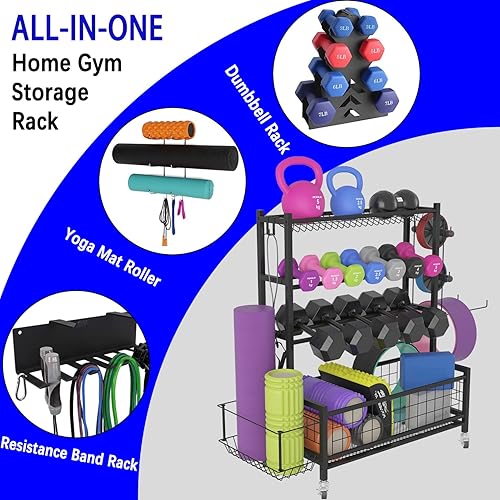 Miniatura 2 de Soporte para mancuernas, estante de almacenamiento de gimnasio en casa para mancuernas, rodillos de espuma, pesas rusas, bandas de resistencia,