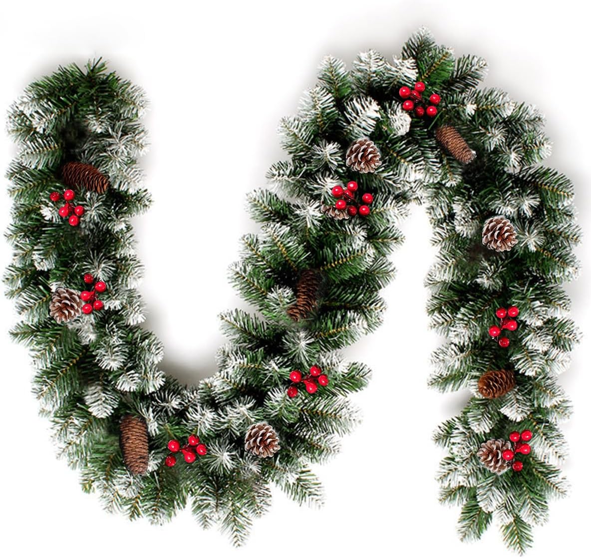 9 FT Christmas Garland, Artificial Xmas Garland Indoor Outdoor Non-Lit Pine Garland with Pine Cones Red Berries for Christmas Holiday Mantle Wreath Wedding Party