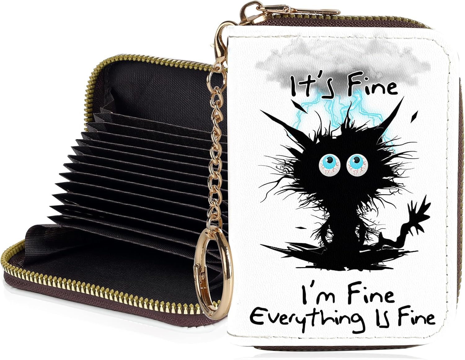 Credit Card Holder for Women,Small Rfid Wallet with Keychain Zipper,Cute PU Leather Card Case Wallet,Accordion Credit Card Wallets Gift,Cat Struck by Lightning