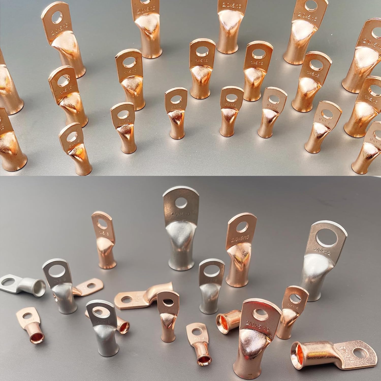 25pcs 1/0 AWG 1/4" Stud + 25pcs 1/0 AWG 1/2" Stud Battery Cable Lugs 1/0 Gauge Copper Ring Terminals 0 Gauge Copper Wire Lugs