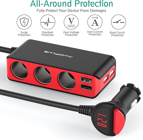 Miniatura 2 de AUOPLUS Adaptador de cargador de coche divisor de encendedor de cigarrillos de 120 W, 3 enchufes, pantalla de voltaje LED, 4 cargadores USB duales