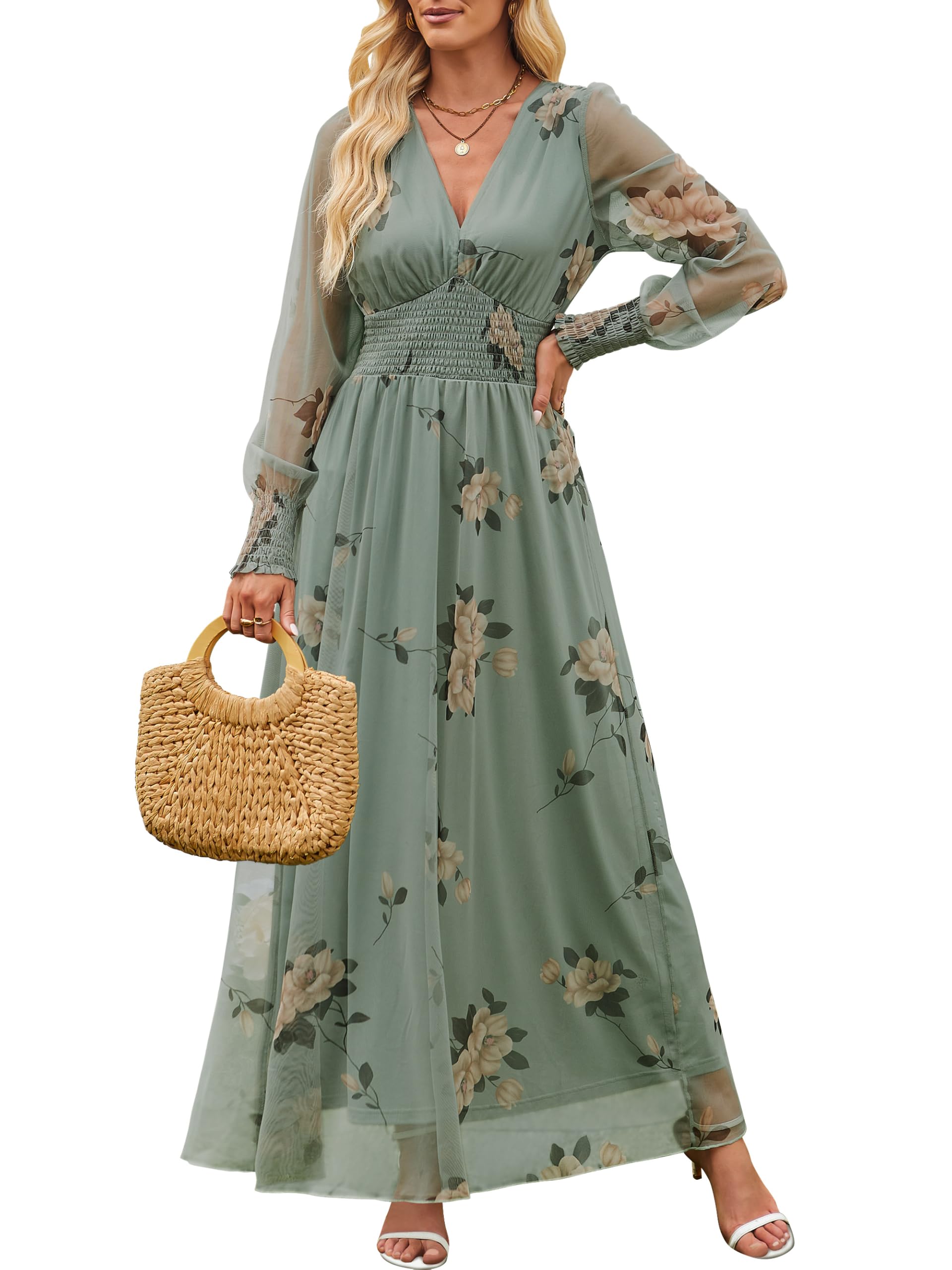 ANRABESS Womens Floral Maxi Dress 2025 Fall V Neck Puff Long Sleeve Flowy Casual Wedding Guest Tea Party