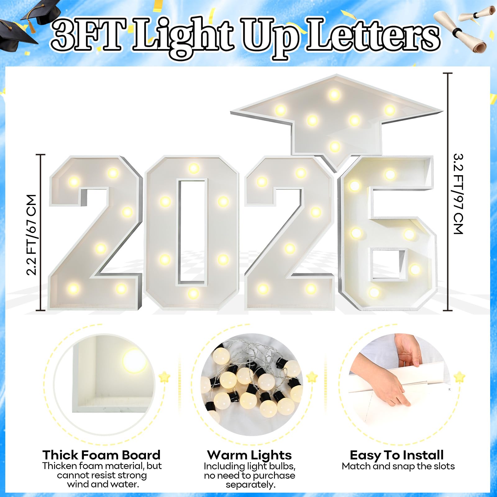 Marquesina de números iluminados 2026 de 3 pies para decoraciones de graduación con gorra de graduación, número de mosaico grande blanco con luces, marco de cartón precortado para fiesta de graduación