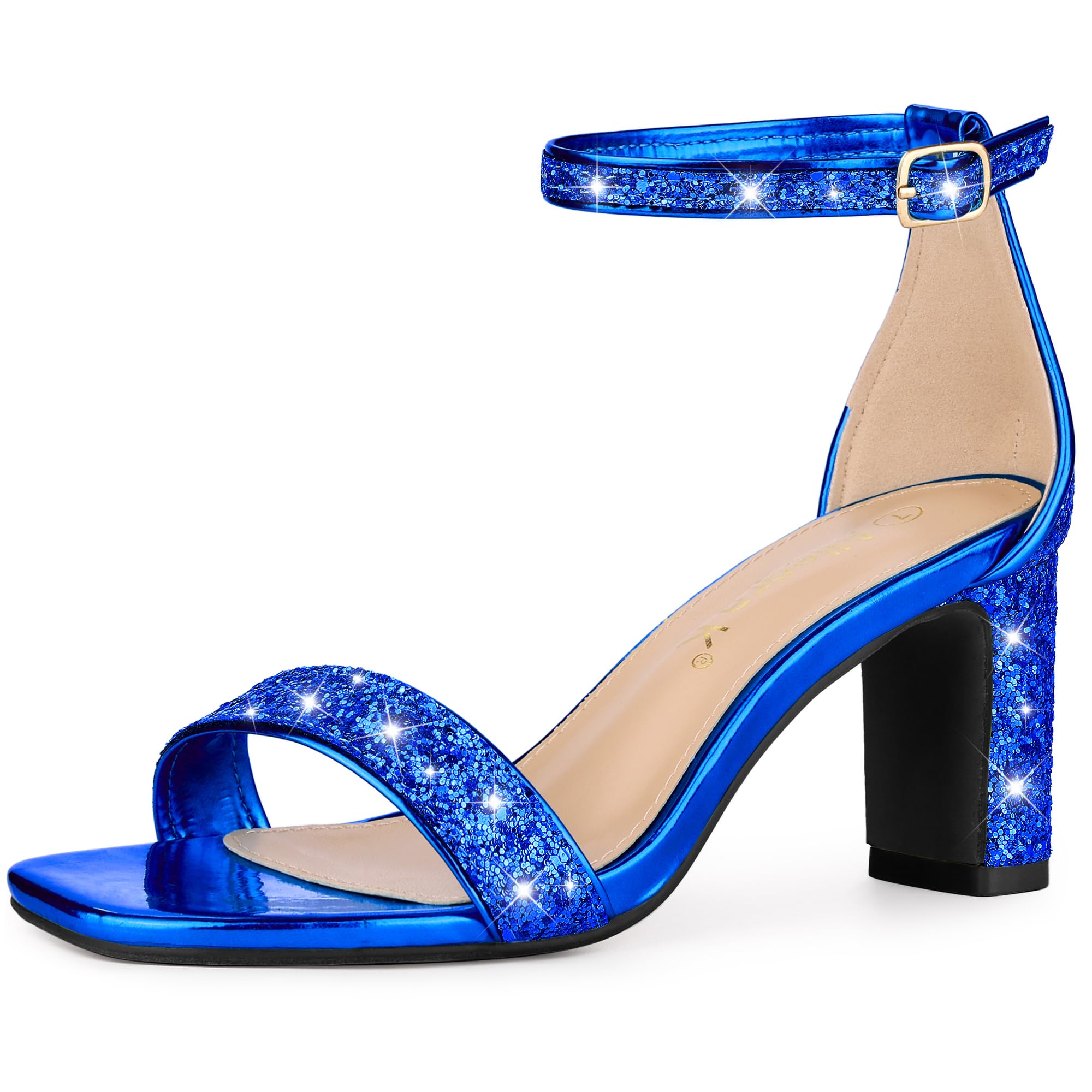 Allegra K Women's Glitter Ankle Strap Chunky Heeled Sandals