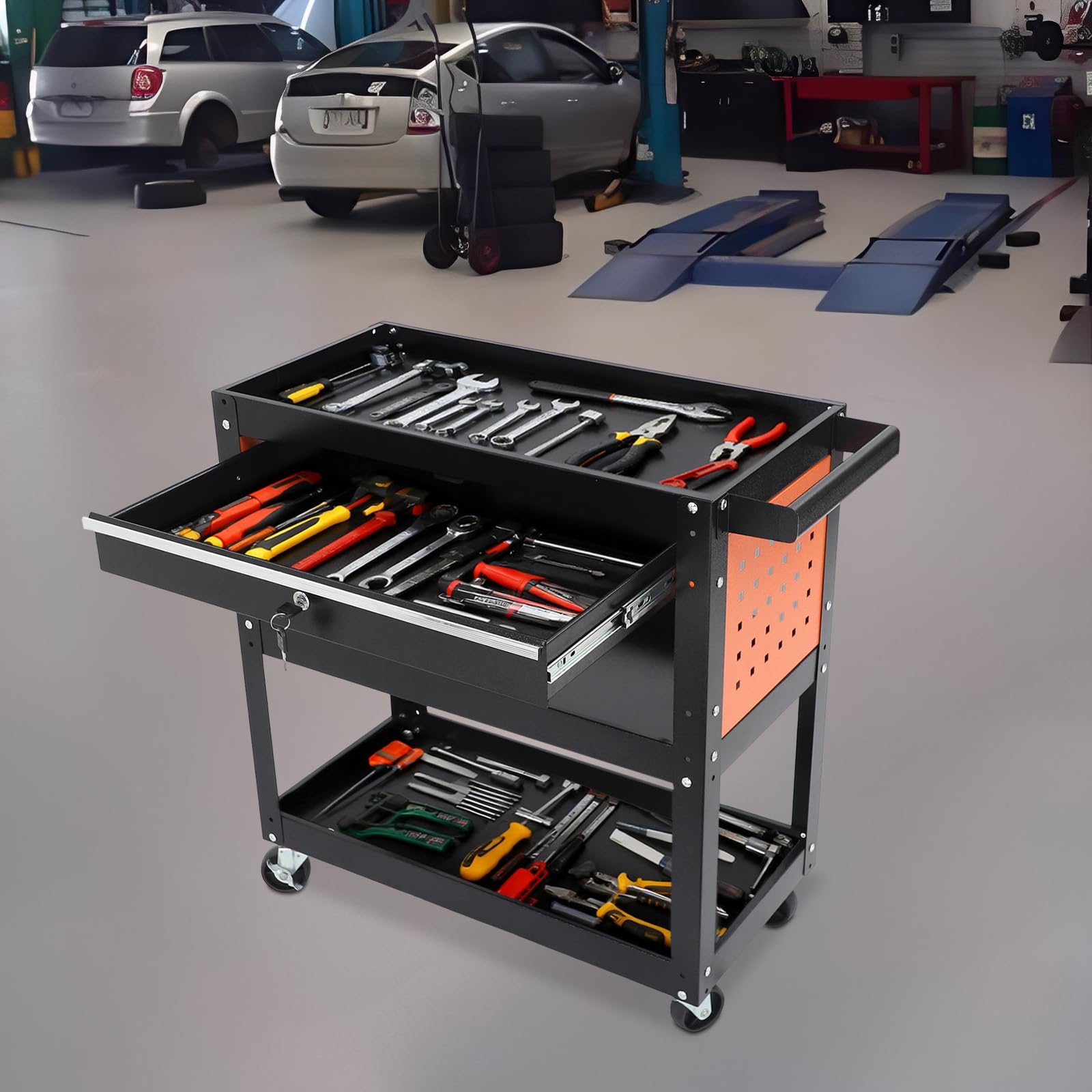 Carro de taller con 3 niveles, carro de taller con cajón y pared perforada, carro de herramientas con cerradura para taller, garaje y almacén, carro de servicio resistente
