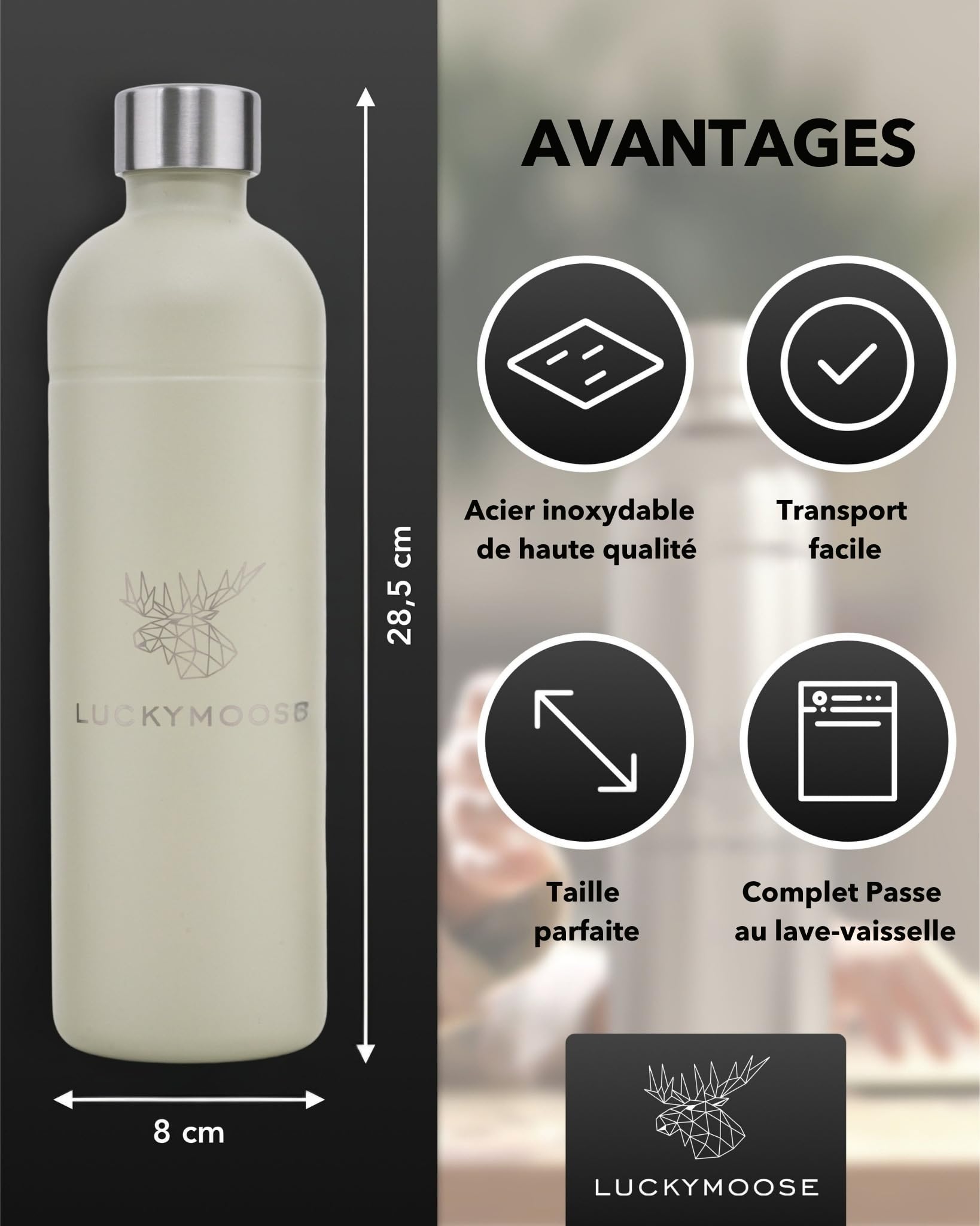 Luckymoose Infinity Lot de 4 Bouteilles en Inox machine a gazeifier l'eau 1,25L sand – Compatibles avec la série LM Infinity, Aarke Carbonator 3 et Brita SodaOne – Écologique & incassable