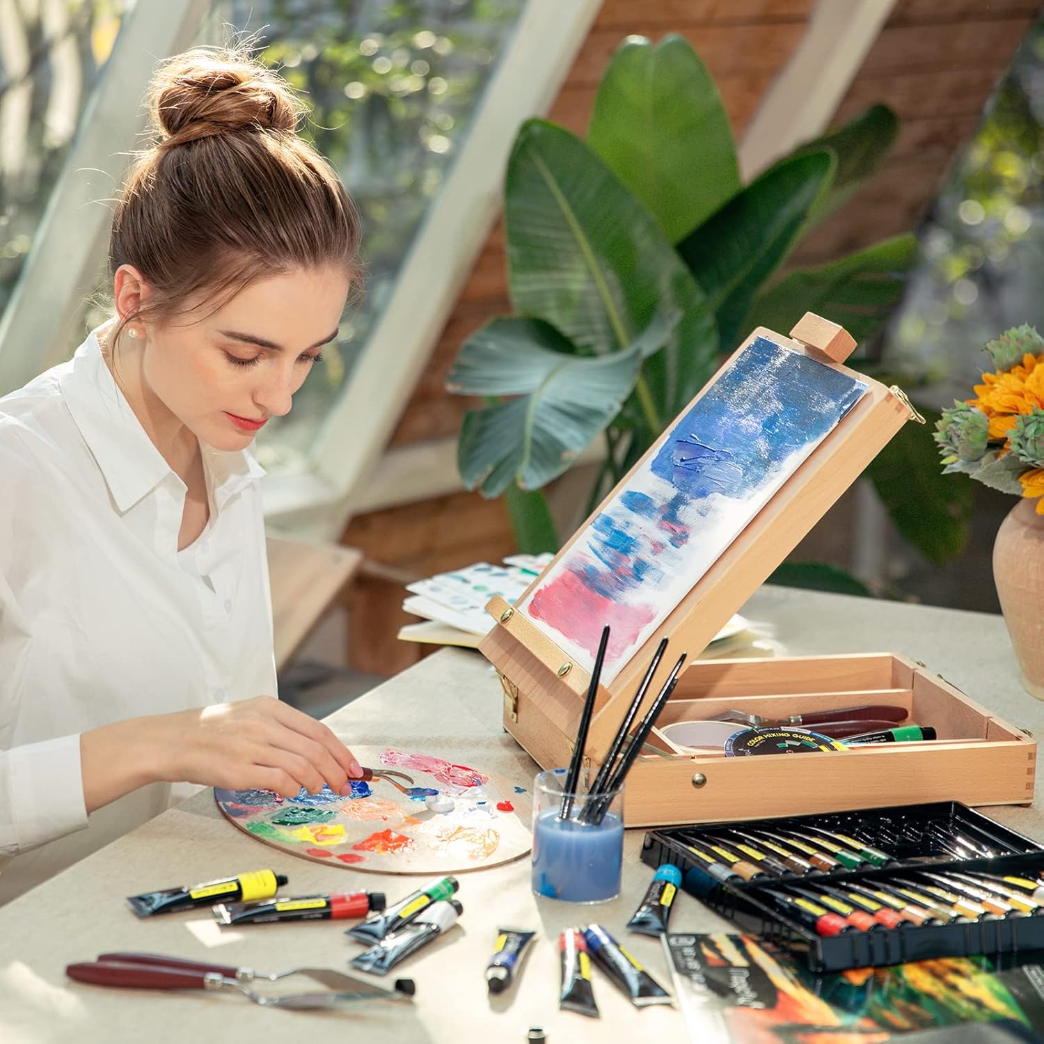 Magicfly Acrylic Painting Set with Wooden Easel Box, 24x22ml Acrylic Paint Tubes, 50 Piece Art Supplies, Acrylic Paints Set for Adults, Beginners