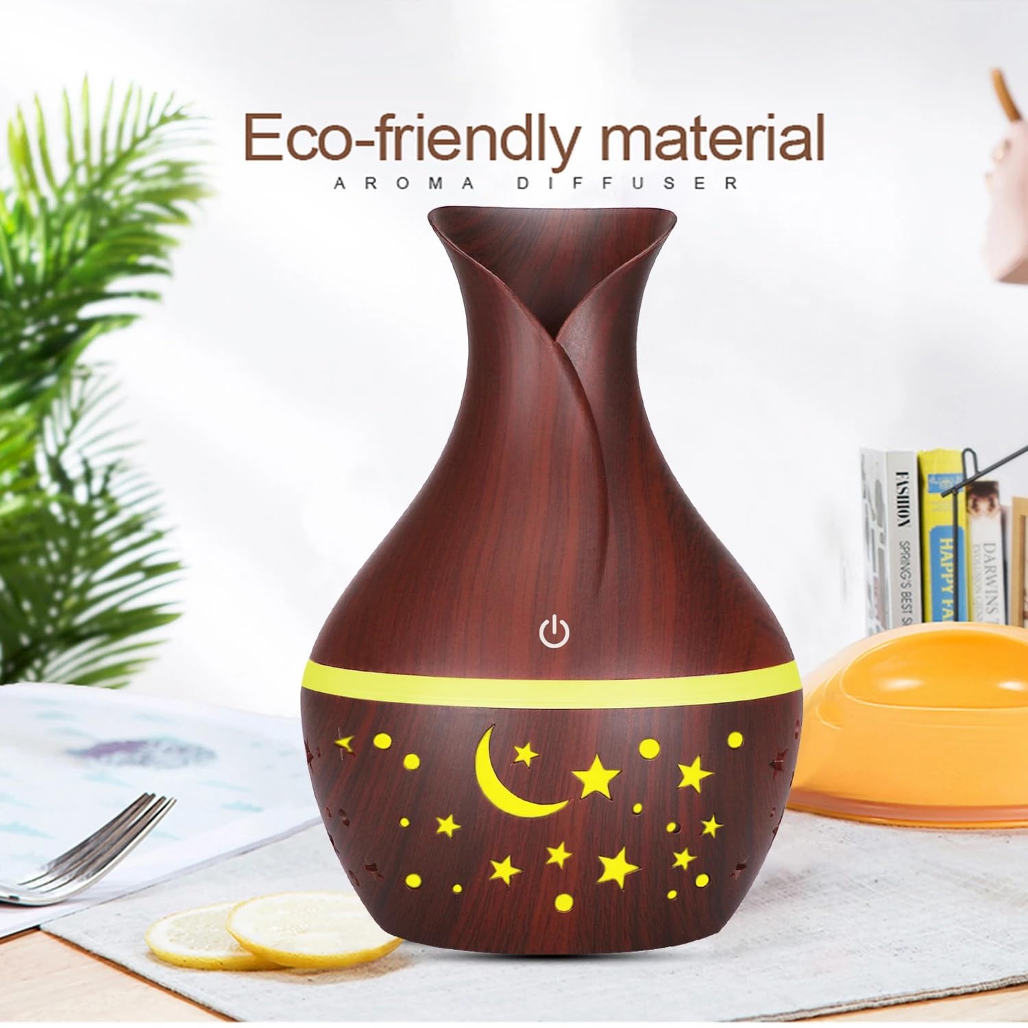 mobigon Wood Cool Mist Ultrasonic Humidifier for Room Moisture, Aroma Diffuser for Home, 200ml Essential Oil Diffuser with 7 Colorful Night Light, Auto Shut-Off, Home, Office, car (H.Dark Brown)
