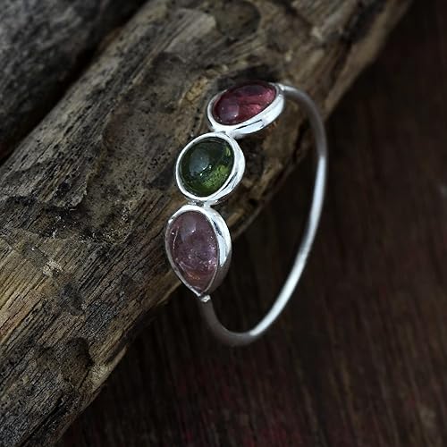 Miniatura 5 de Fine Sterling Silver Ring For Womens Natural Pink Tourmaline Green Tourmaline Ring Sterling Silver Engagement Ring October Birthstone Pear Gemstone